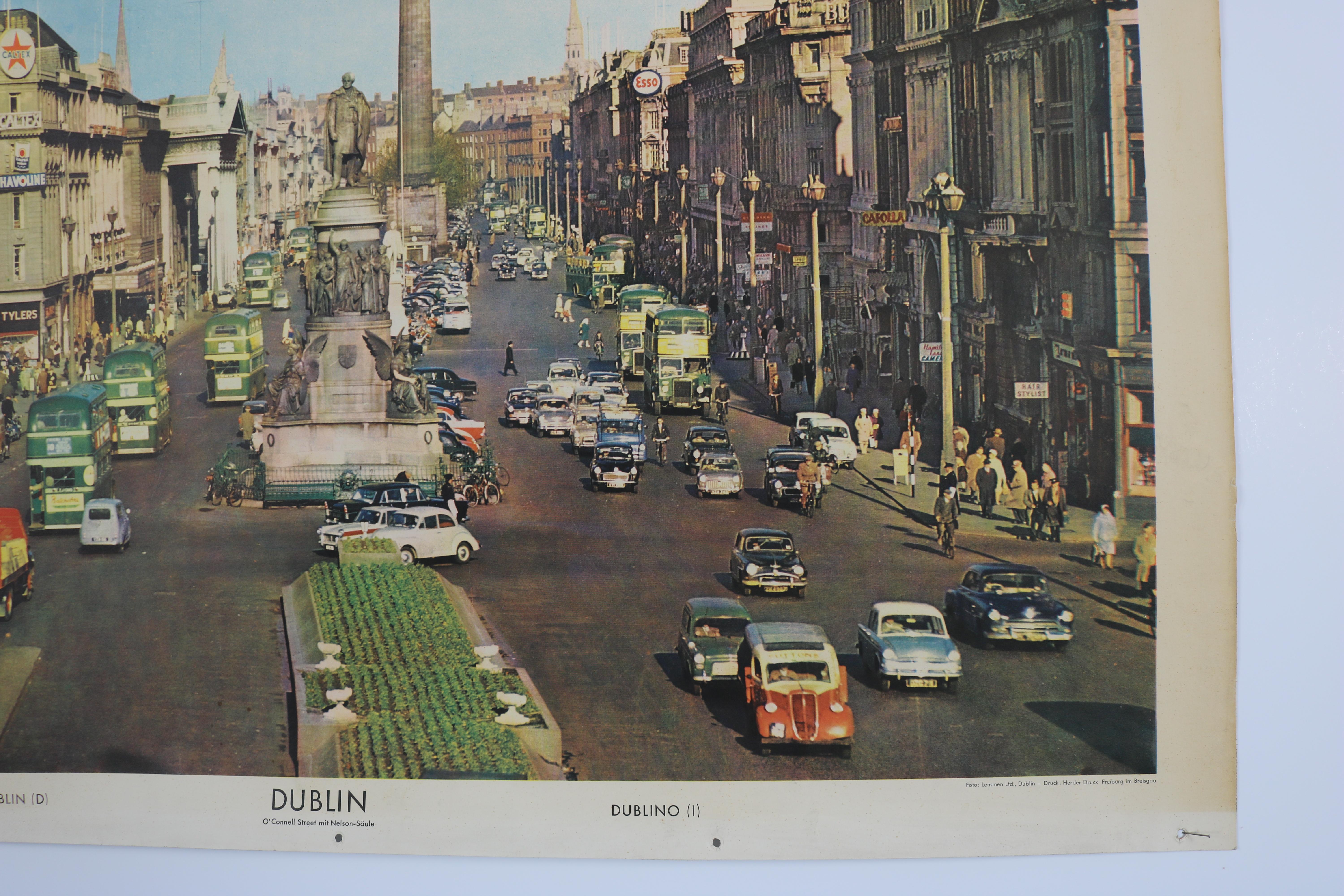 Mid-20th Century School Wall Chart, City Dublin, O´Connell Street with Nelson, Column For Sale