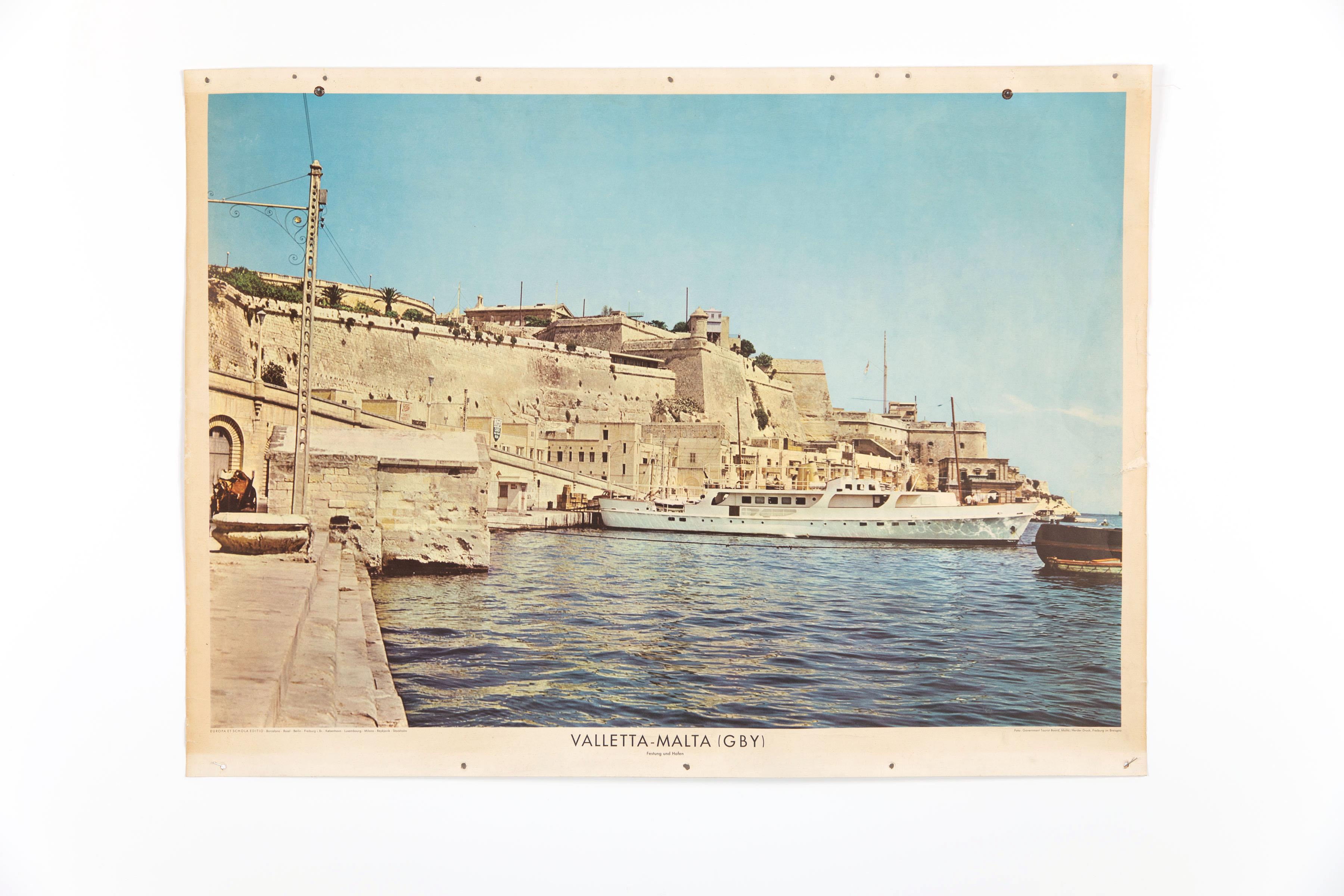 Mid-Century Modern School Wall Chart, Valletta, Fortress and Harbour For Sale