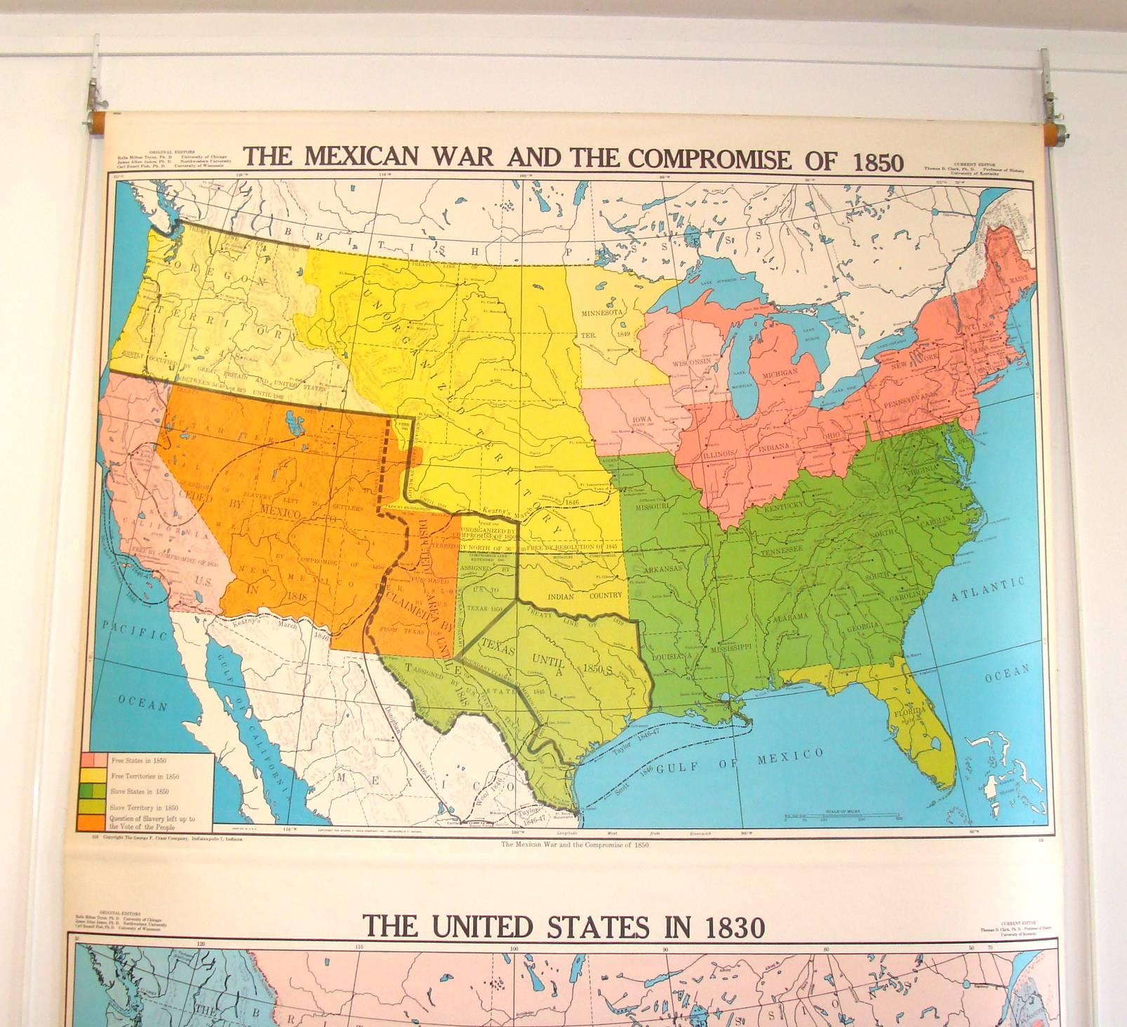 Superb pull-down wall map reflecting U.S. territorial changes between 1830 and 1850. Executed by the legendary George F. Cram company. Printed in the 1950's and likely a custom order. Map comprised of two individual maps adhered to a common backing.