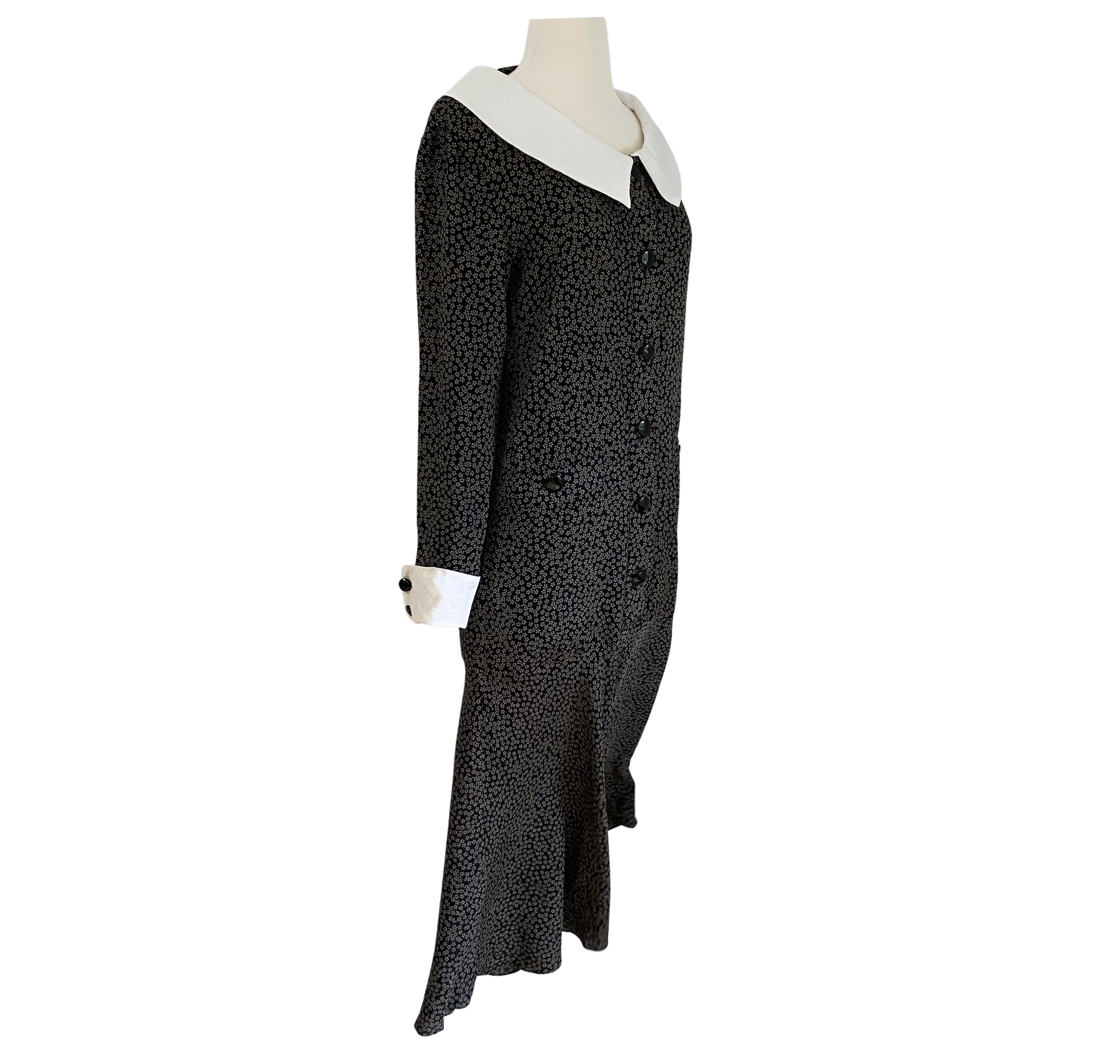 Women's Vintage FLORA KUNG Black Gray Print Long Midi Silk  Dress NWT For Sale