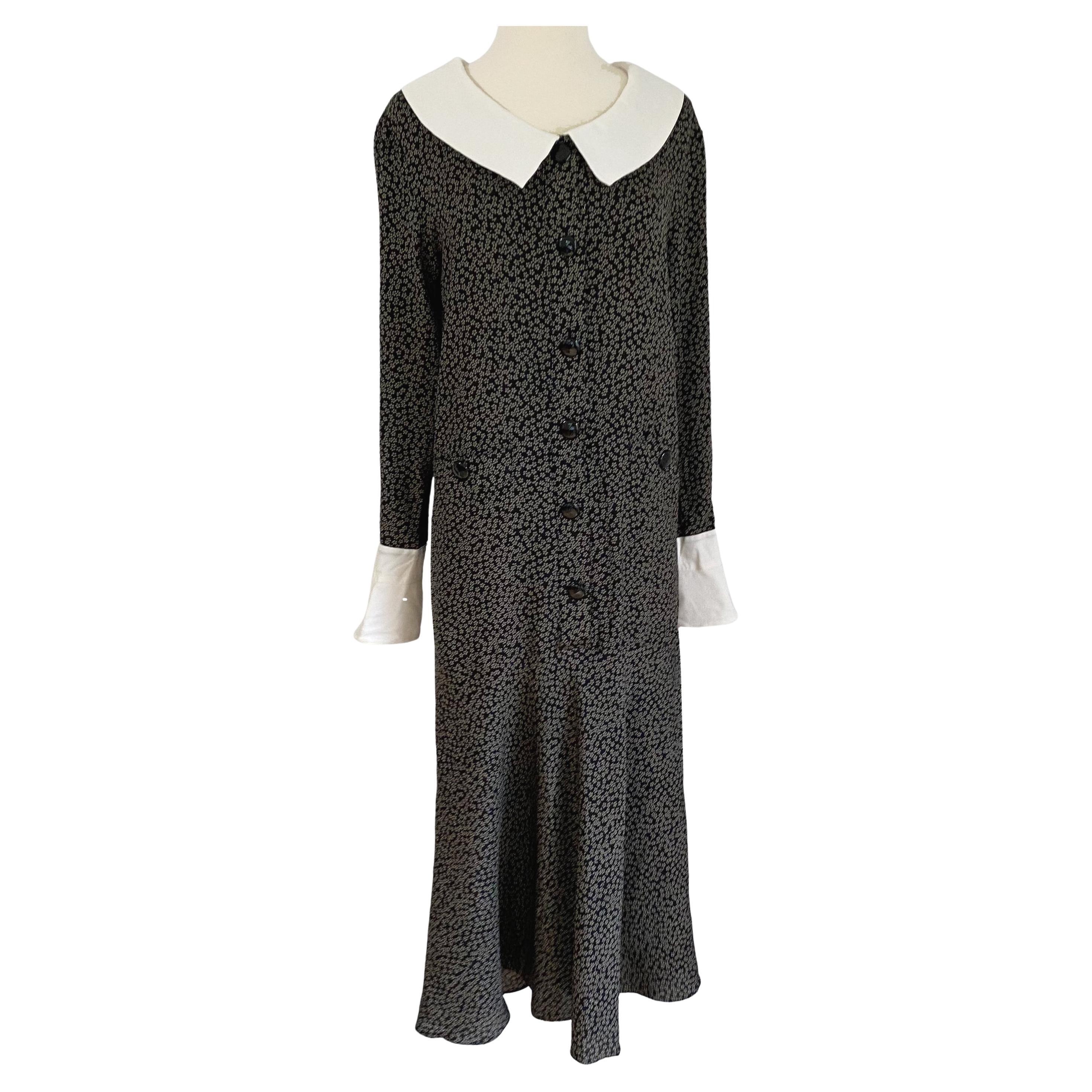 Vintage FLORA KUNG Black Gray Print Long Midi Silk  Dress NWT For Sale