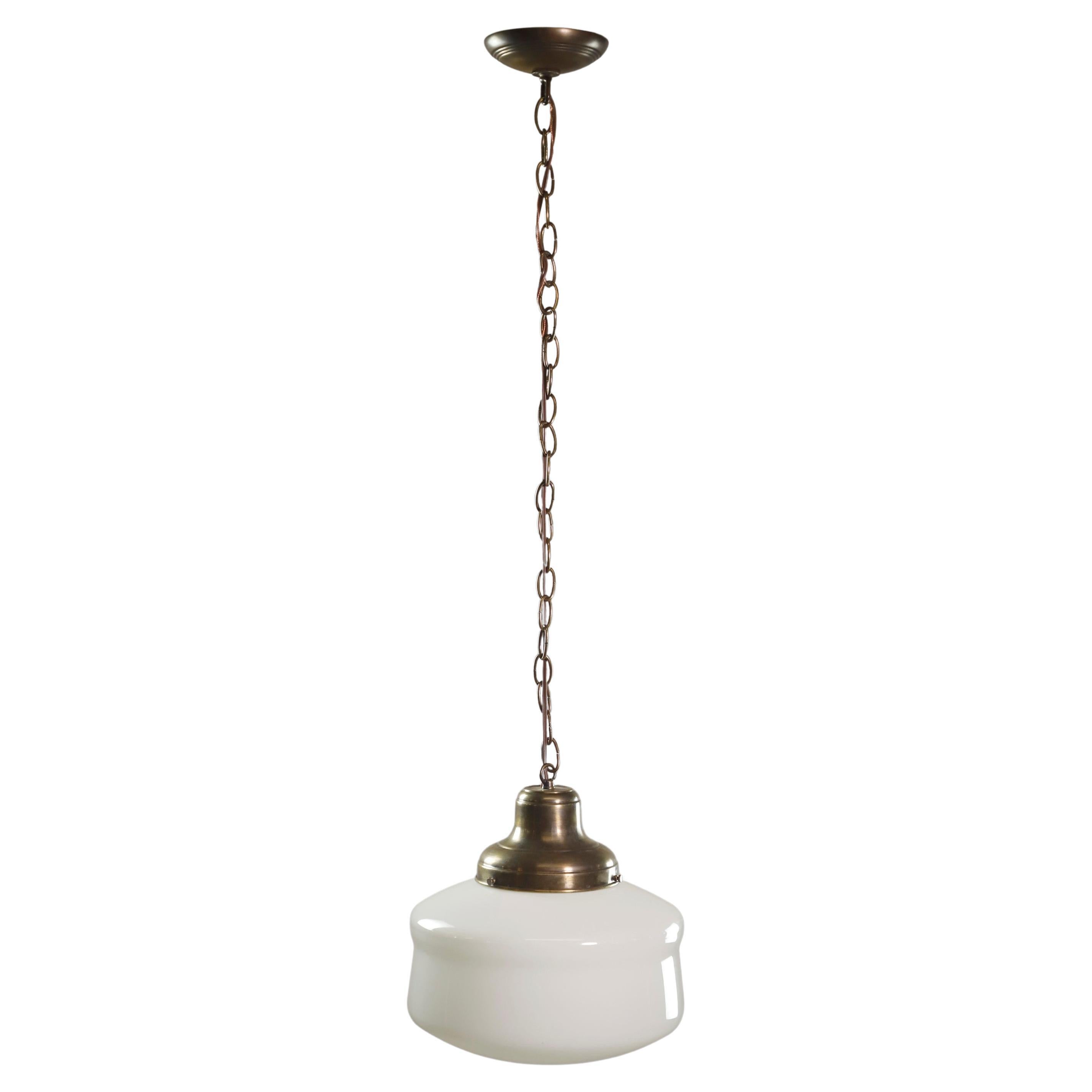Schoolhouse Milk Glass Globe Brass Chain Pendant Light For Sale