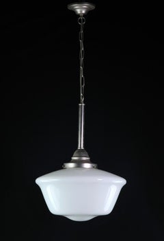 Schoolhouse Pendant Light Opaline Glass Shade Brushed Steel Finish Hardware