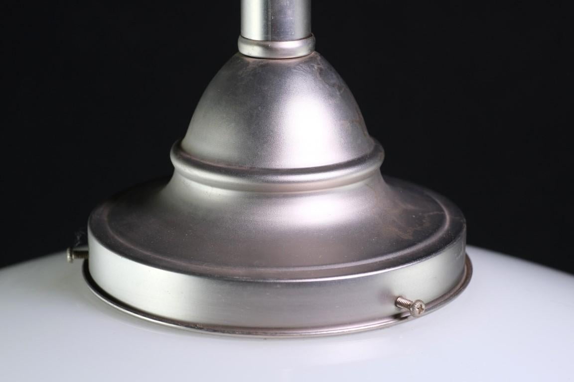 Mid-20th Century Schoolhouse Pendant Light Opaline Glass Shade Brushed Steel Finish Hardware For Sale