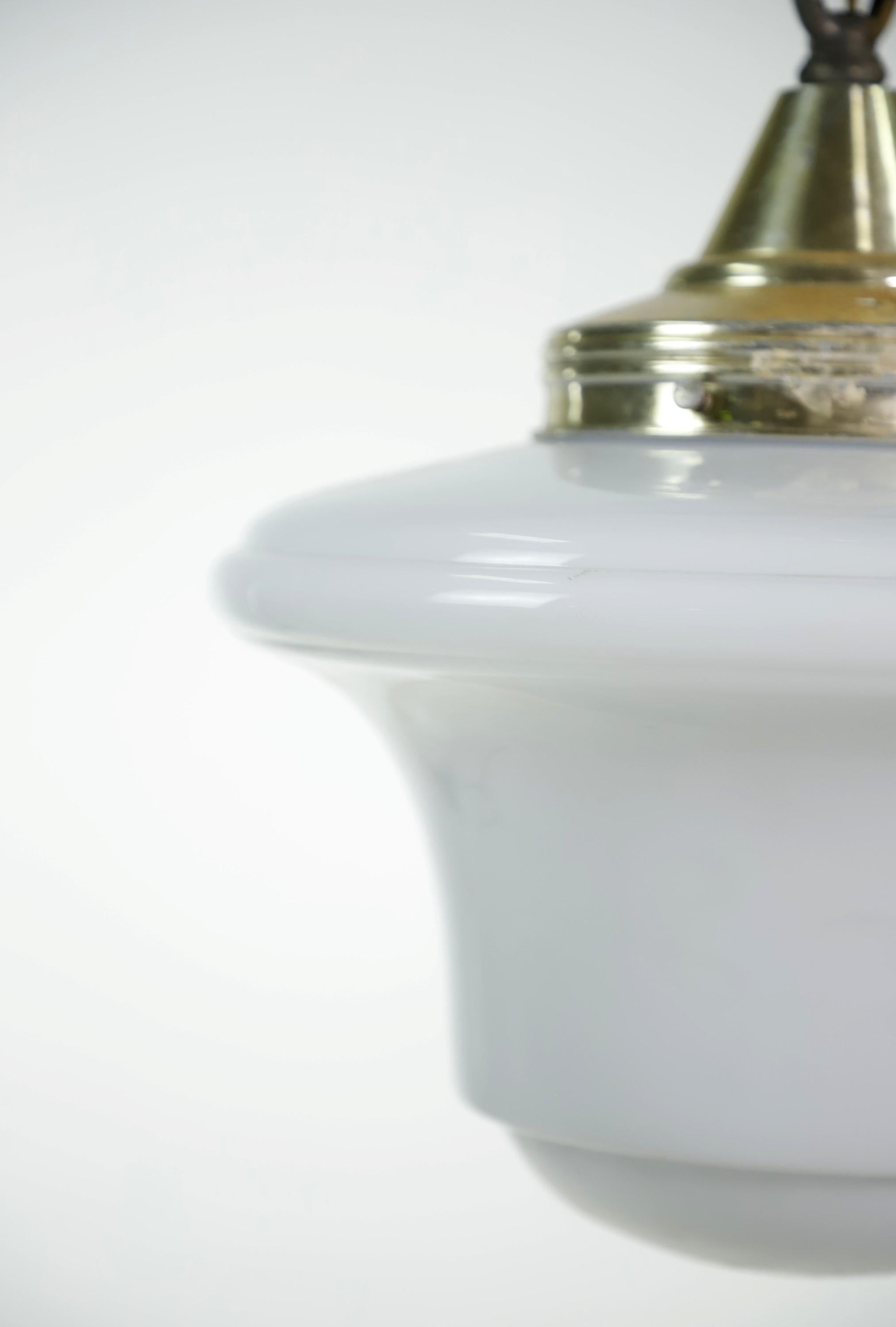 American White Glass Schoolhouse Polished Brass Pendant Light