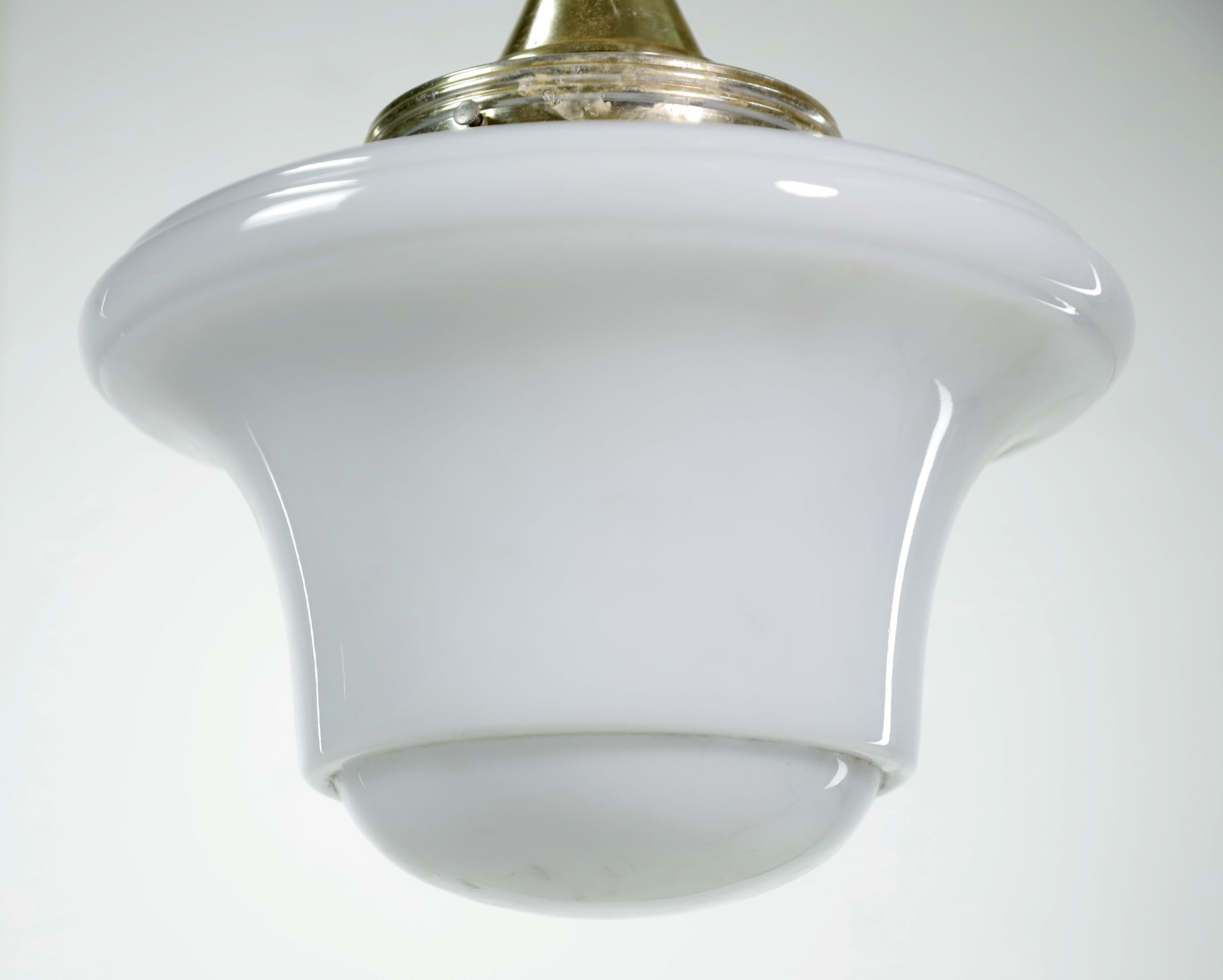 White Glass Schoolhouse Polished Brass Pendant Light In Good Condition In New York, NY