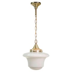 Vintage White Glass Schoolhouse Polished Brass Pendant Light