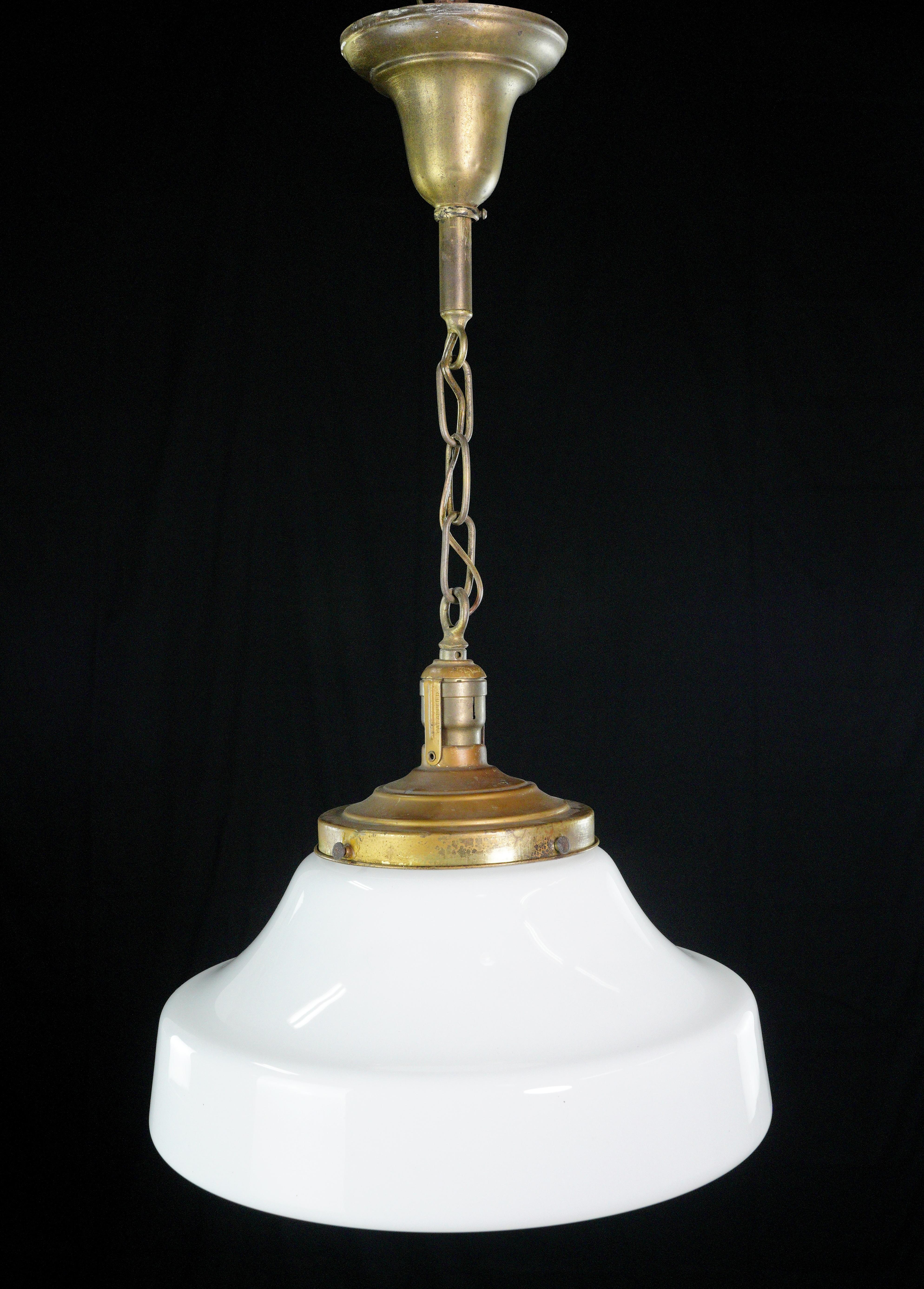 American Schoolhouse White Milk Glass Brass Chain Pendant Light For Sale