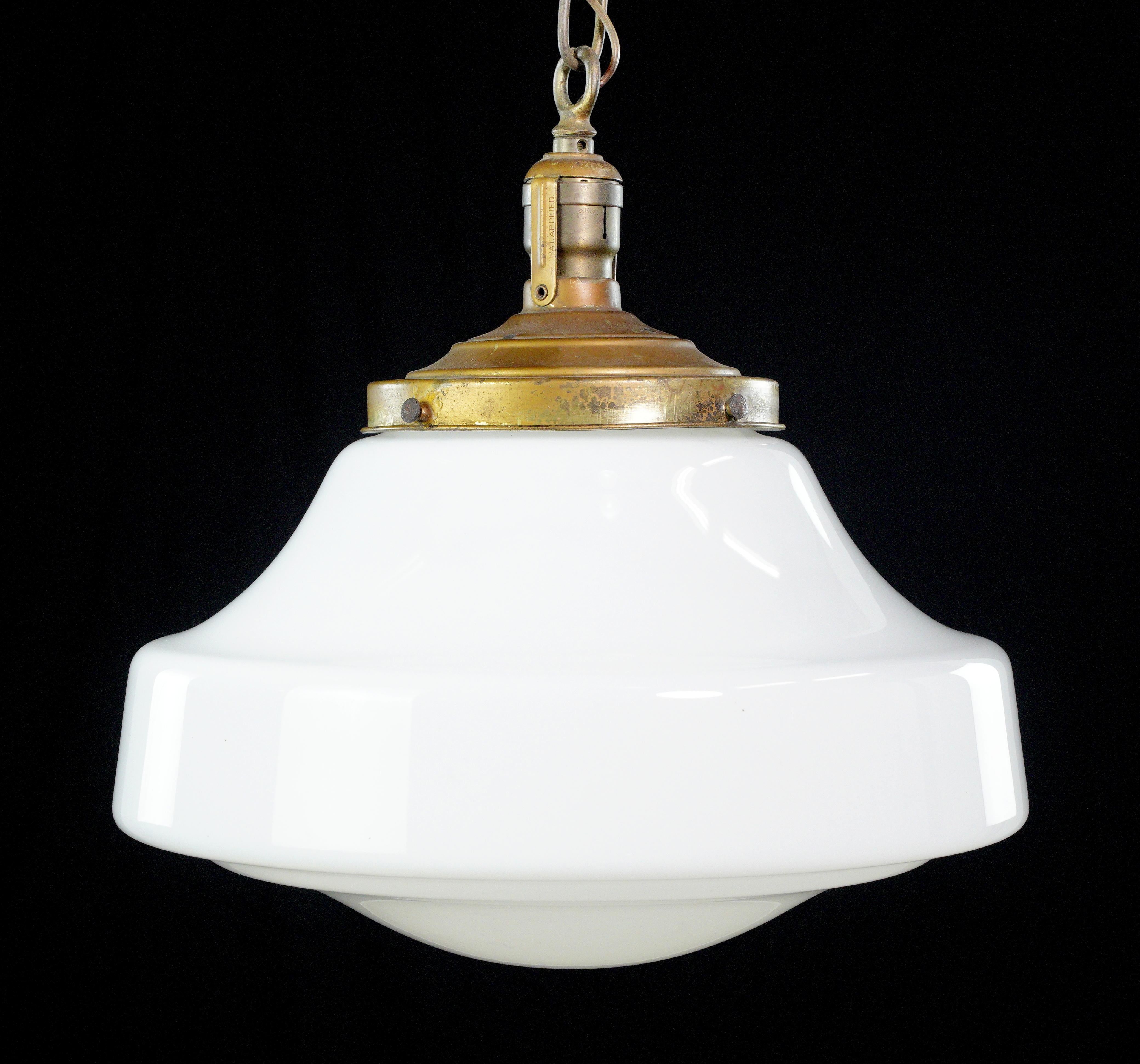 Schoolhouse White Milk Glass Brass Chain Pendant Light In Good Condition For Sale In New York, NY