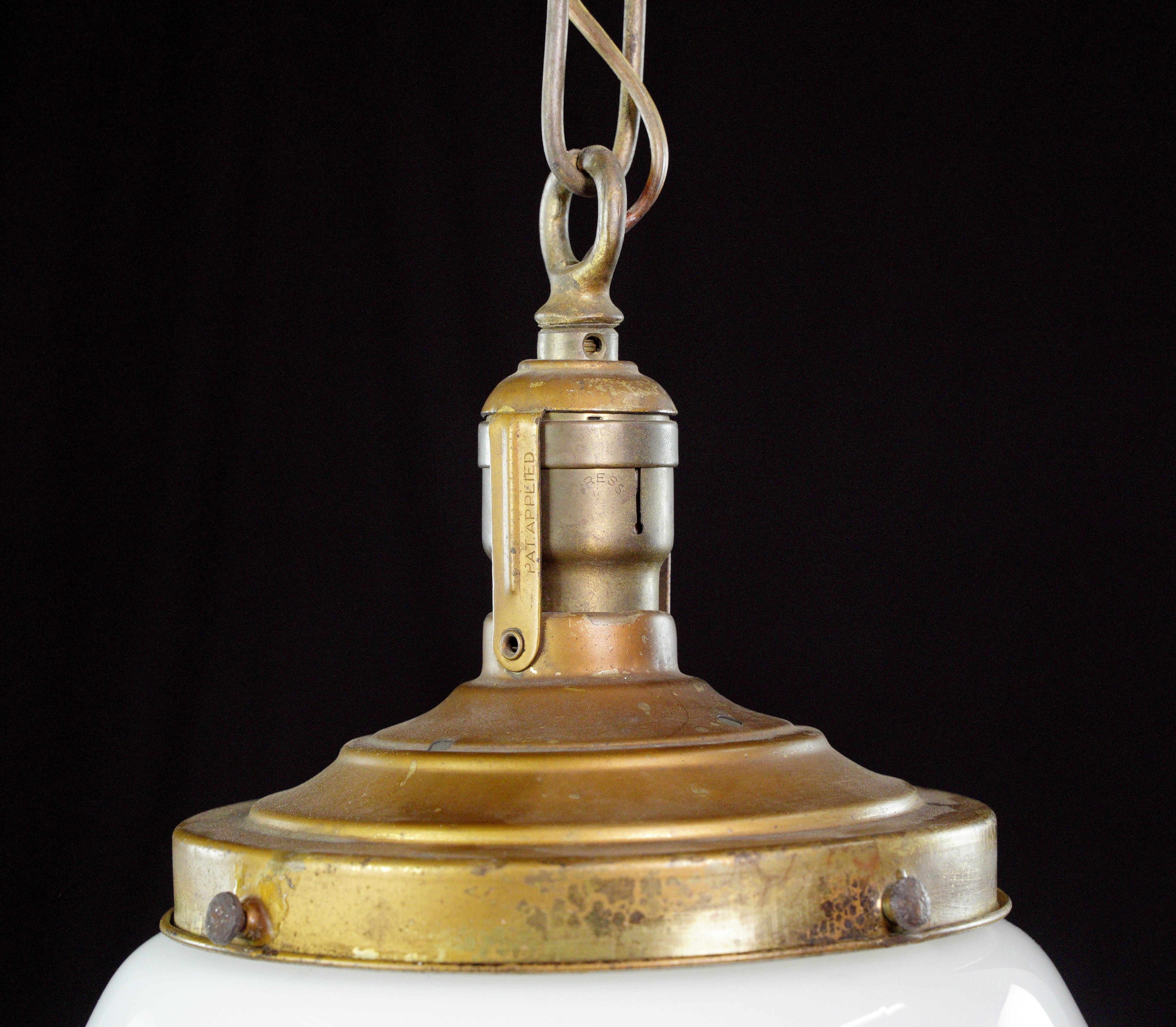 20th Century Schoolhouse White Milk Glass Brass Chain Pendant Light For Sale