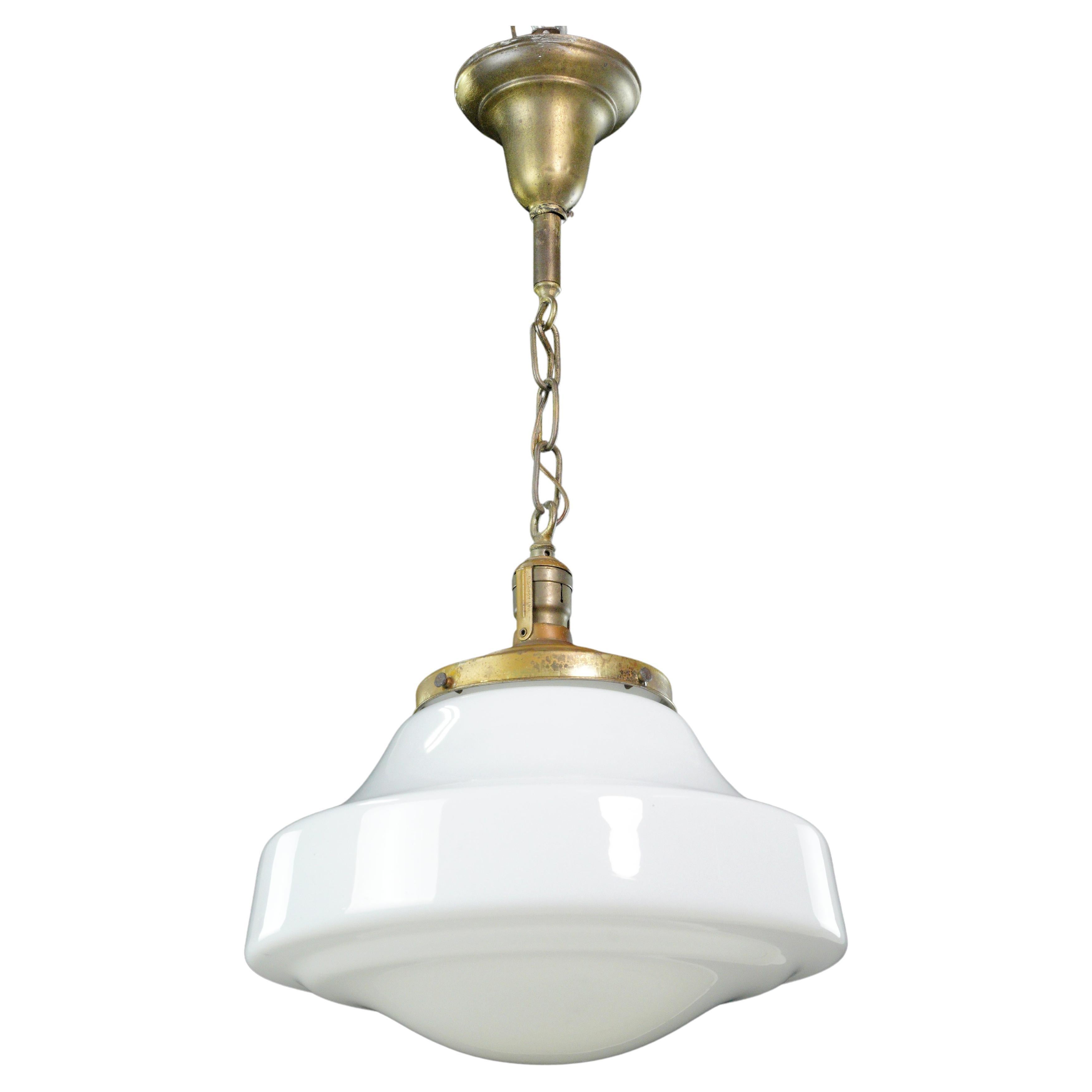 Schoolhouse White Milk Glass Brass Chain Pendant Light For Sale