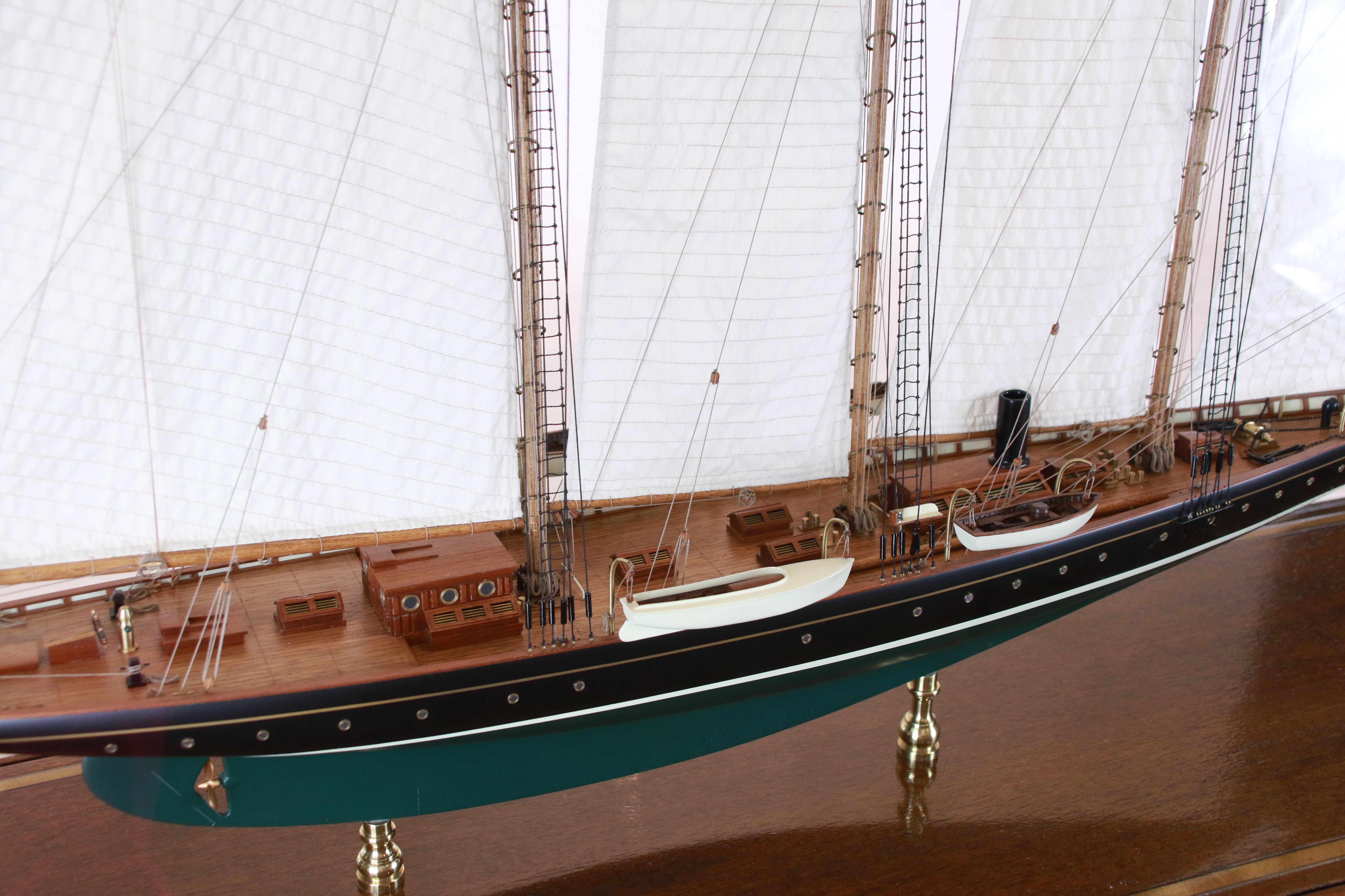 Model of the schooner Atlantic, winner of the Kaiser Cup where she set the speed record for the fastest transatlantic passage in 1905; unbroken for nearly 100 years! 
Highly detailed with lifeboats hanging from davits, raised cabins, doors,
