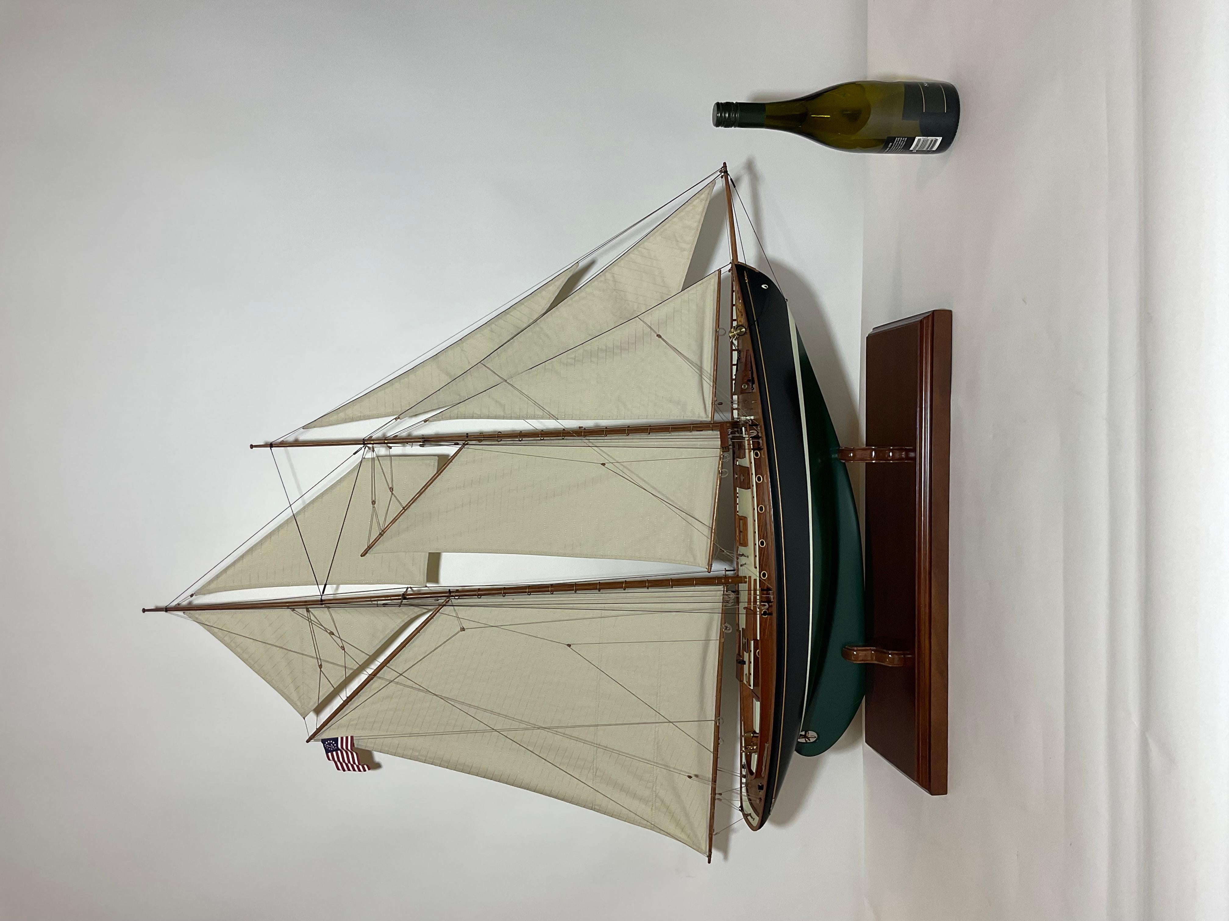 Exceptional model of the John Alden Designed. Schooner yacht Malabar X. Built by Hodgson in Boothbay Maine. With full suit of finely stitched sails. Planked deck, mahogany cabins, cockpit, skylights, etc..

Weight: 13 lbs.
Overall Dimensions: 39