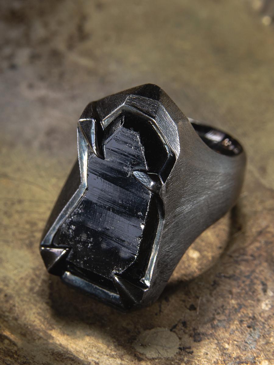 Schorl Black Tourmaline Crystal Silver Ring Raw Uncut Stone Dark Magic Mens Ring For Sale 2