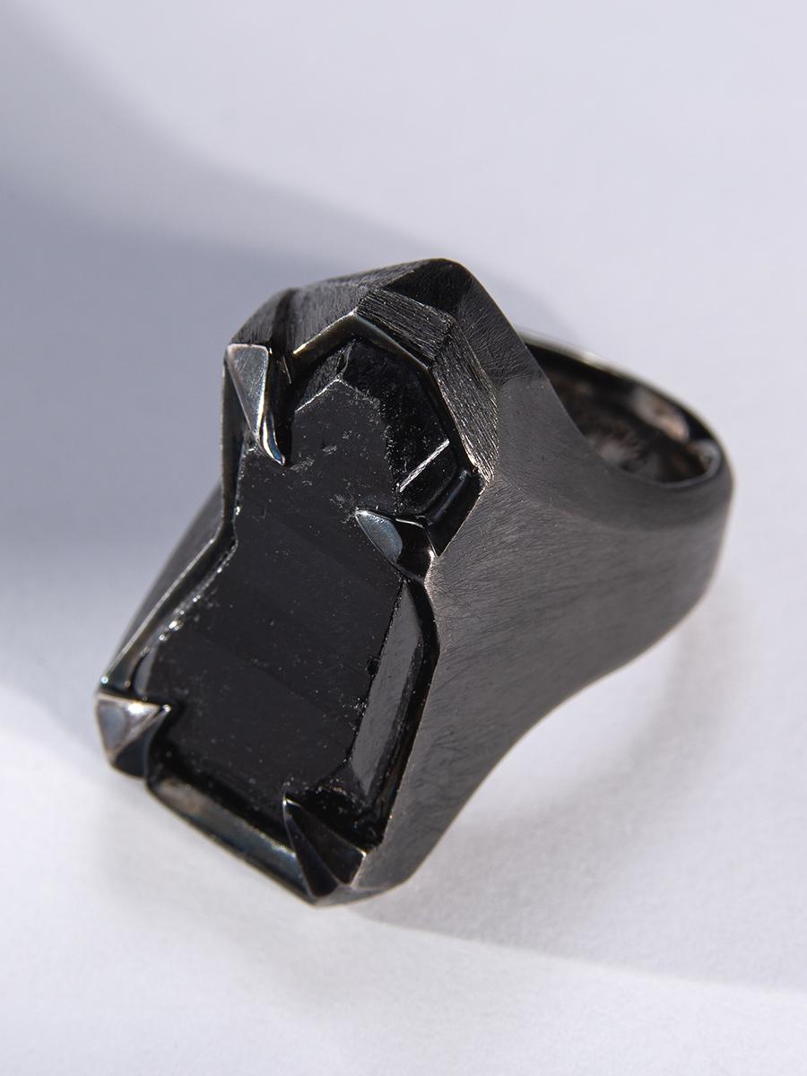 Schorl Black Tourmaline Crystal Silver Ring Raw Uncut Stone Dark Magic Mens Ring For Sale 5