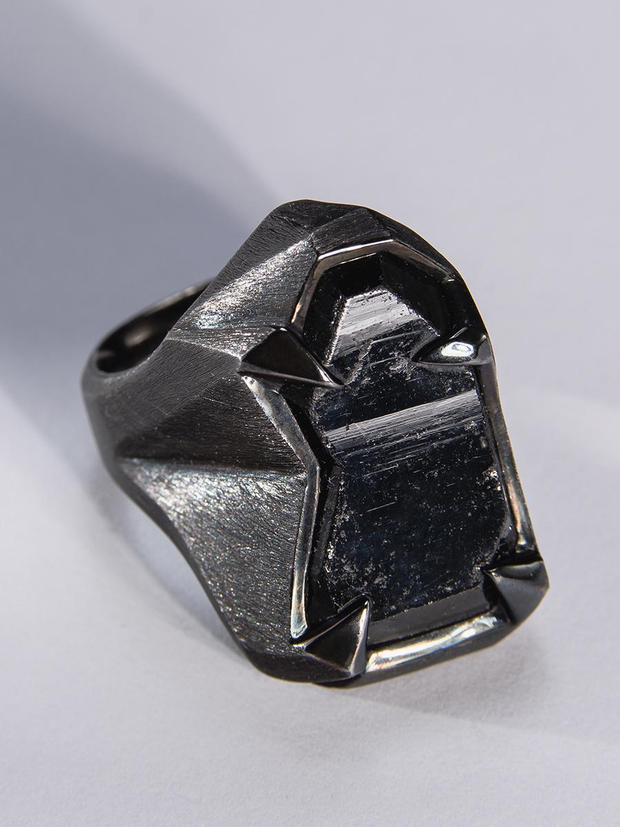 Schorl Black Tourmaline Crystal Silver Ring Raw Uncut Stone Dark Magic Mens Ring For Sale 7