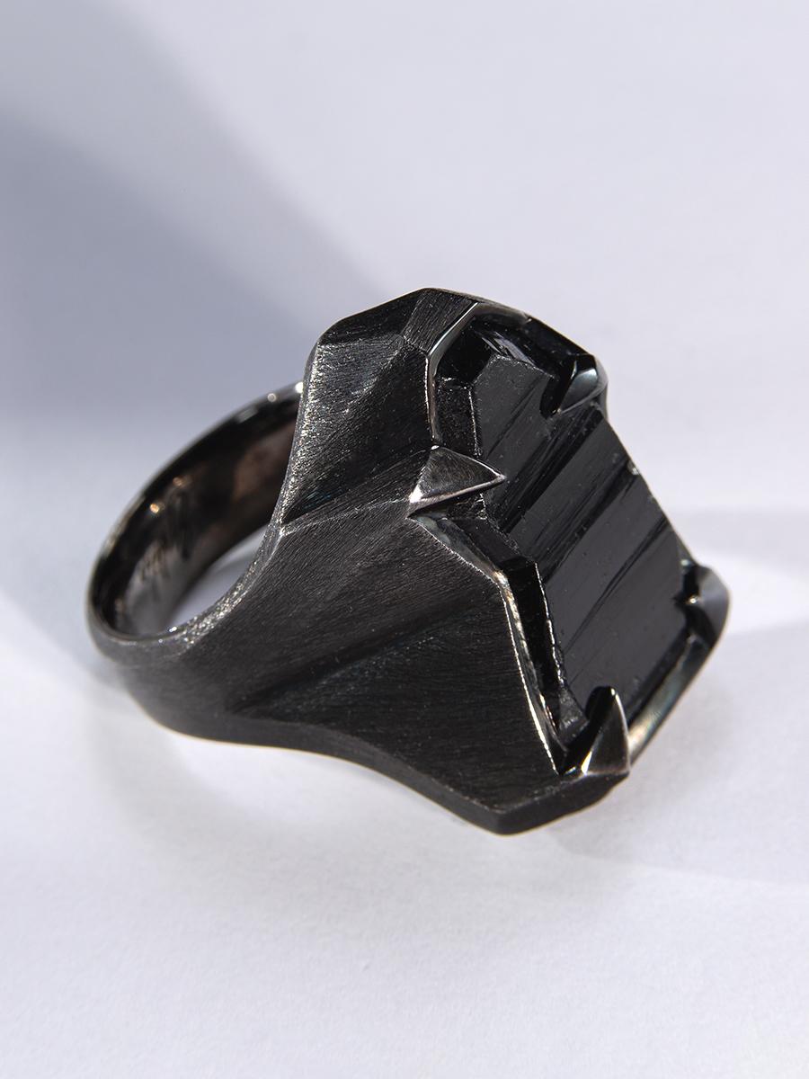 Schorl Black Tourmaline Crystal Silver Ring Raw Uncut Stone Dark Magic Mens Ring For Sale 8