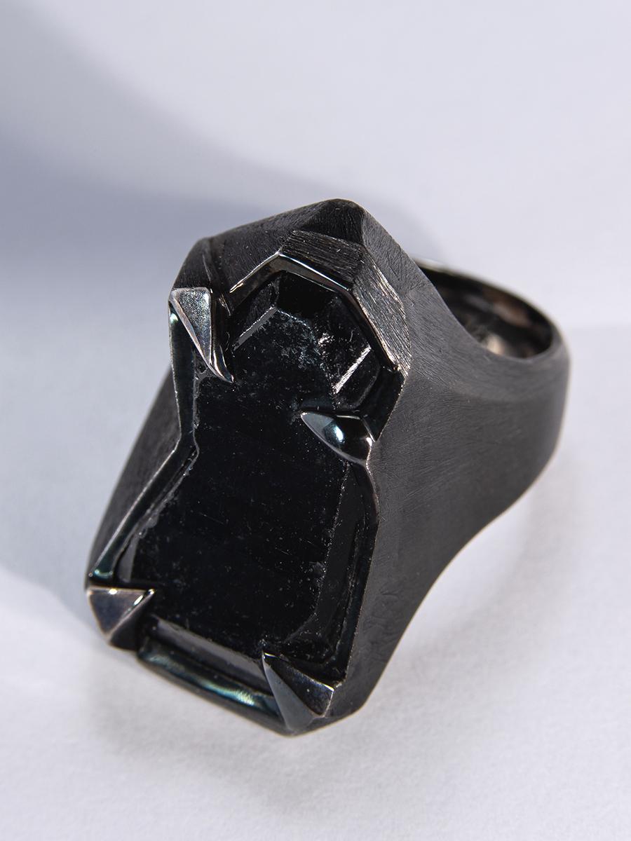 Schorl Black Tourmaline Crystal Silver Ring Raw Uncut Stone Dark Magic Mens Ring For Sale 9