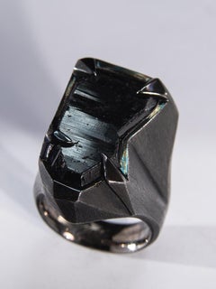 Schorl Black Tourmaline Crystal Silver Ring Raw Uncut Stone Dark Magic Mens Ring