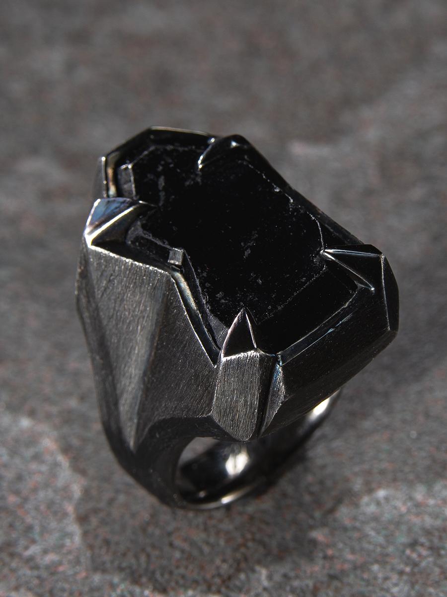 Artisan Schorl Black Tourmaline Crystal Silver Ring Raw Uncut Stone Dark Magic Mens Ring For Sale