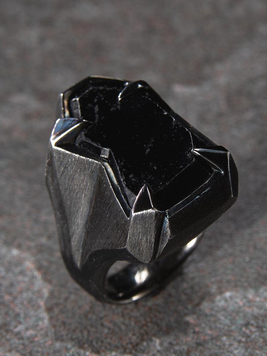 Schorl Black Tourmaline Crystal Silver Ring Raw Uncut Stone Dark Magic Mens Ring