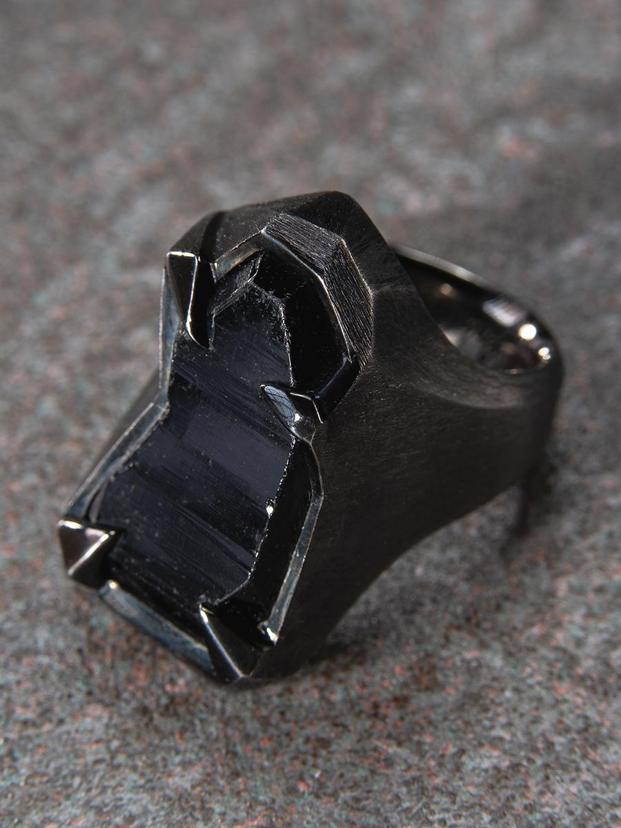 Schorl Black Tourmaline Crystal Silver Ring Raw Uncut Stone Dark Magic Mens Ring In New Condition For Sale In Berlin, DE