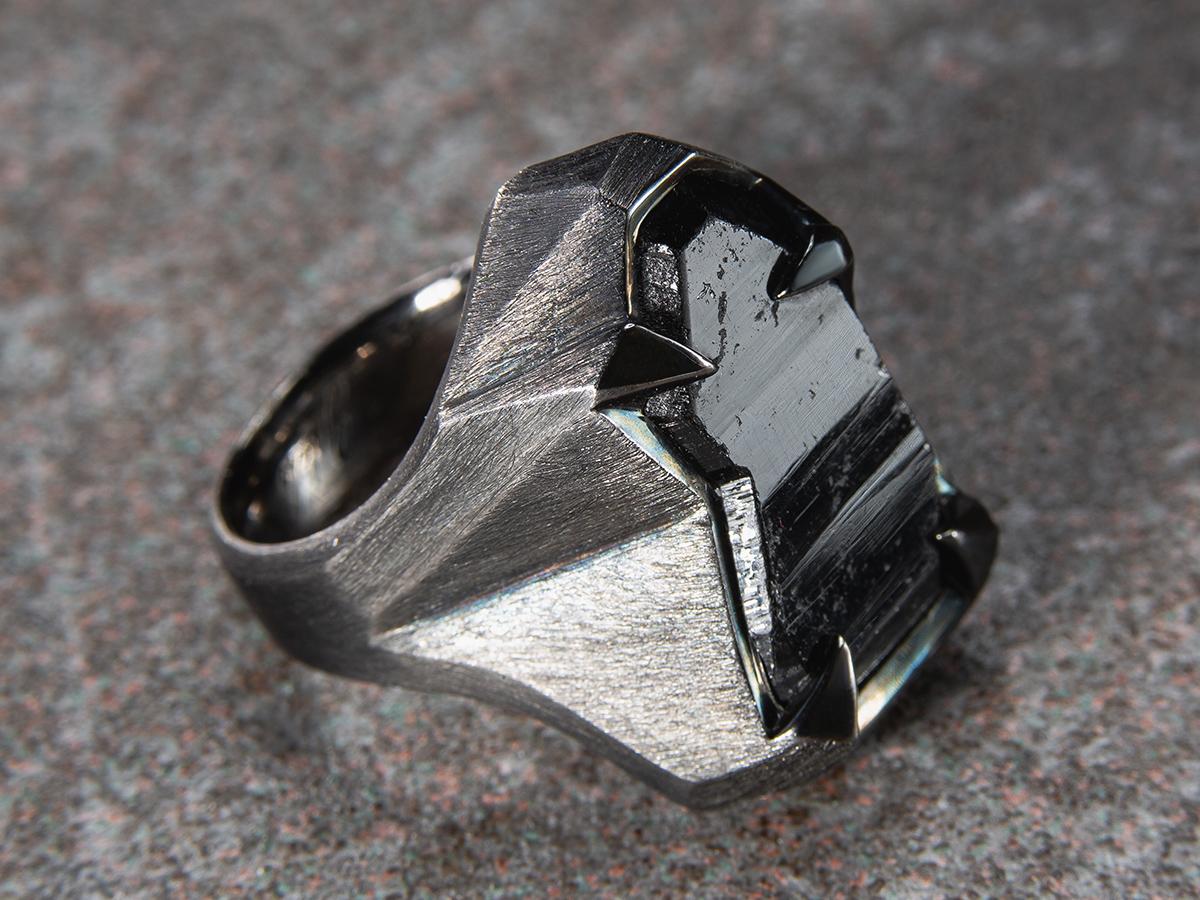 Schorl Black Tourmaline Crystal Silver Ring Raw Uncut Stone Dark Magic Mens Ring For Sale 1