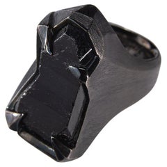 Schorl Black Tourmaline Crystal Silver Ring Raw Uncut Stone Dark Magic Mens Ring