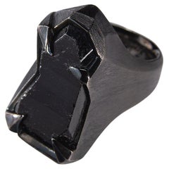 Schorl Schwarzer Turmalin Kristall Silber Ring Roh ungeschnittener Stein Dunkel Magic Herrenring