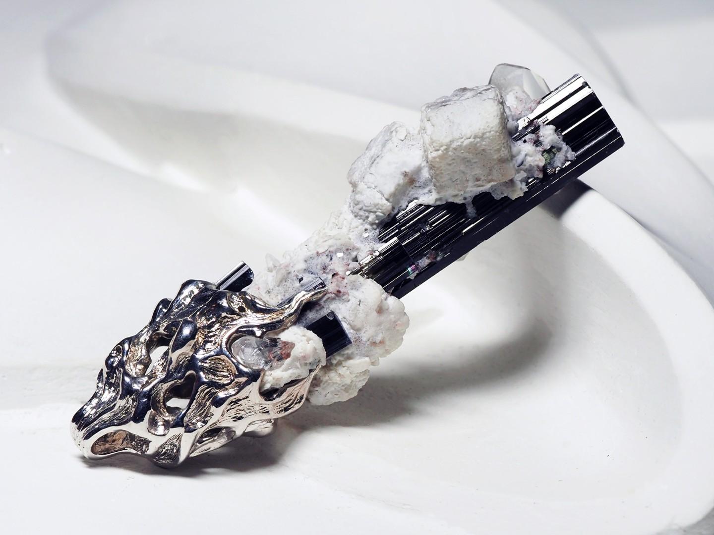 Schorl Black Tourmaline Crystal Silver Unisex Pendant For Sale 4