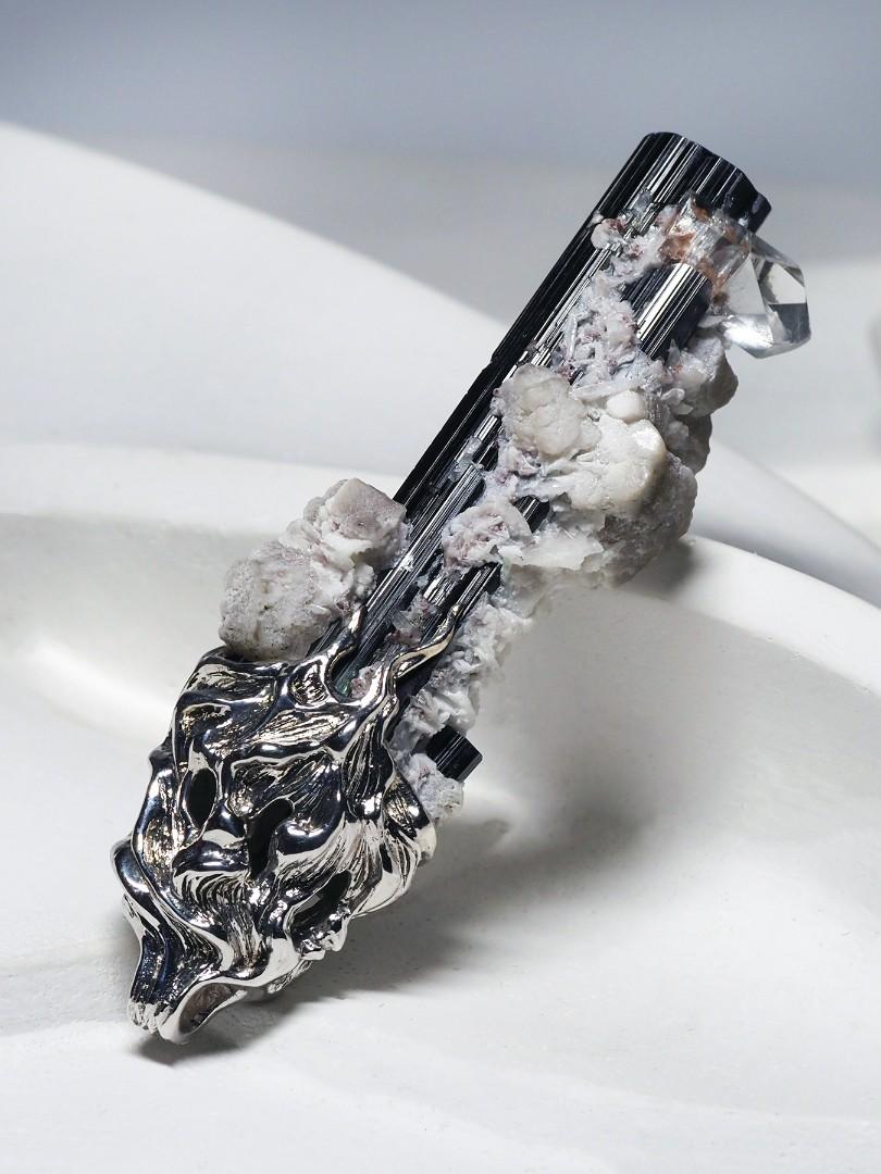 Schorl Black Tourmaline Crystal Silver Unisex Pendant For Sale 5