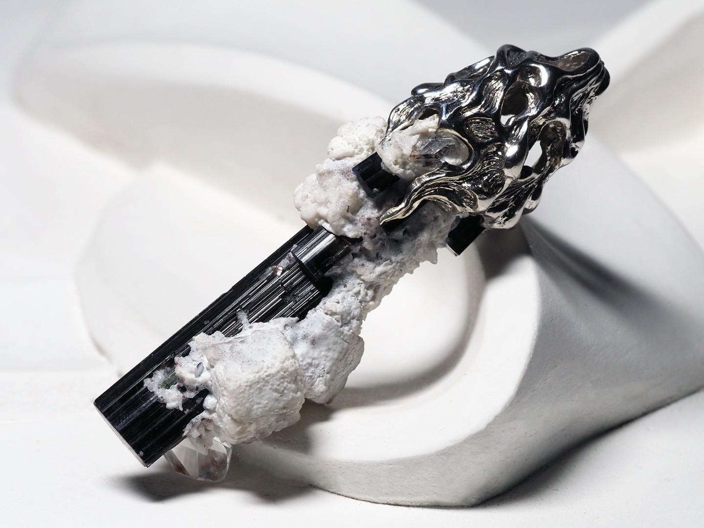 Schorl Black Tourmaline Crystal Silver Unisex Pendant For Sale 6