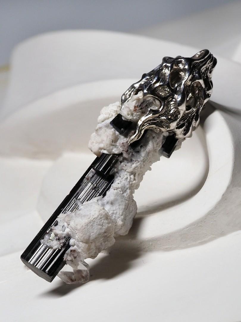 Schorl Black Tourmaline Crystal Silver Unisex Pendant For Sale 7