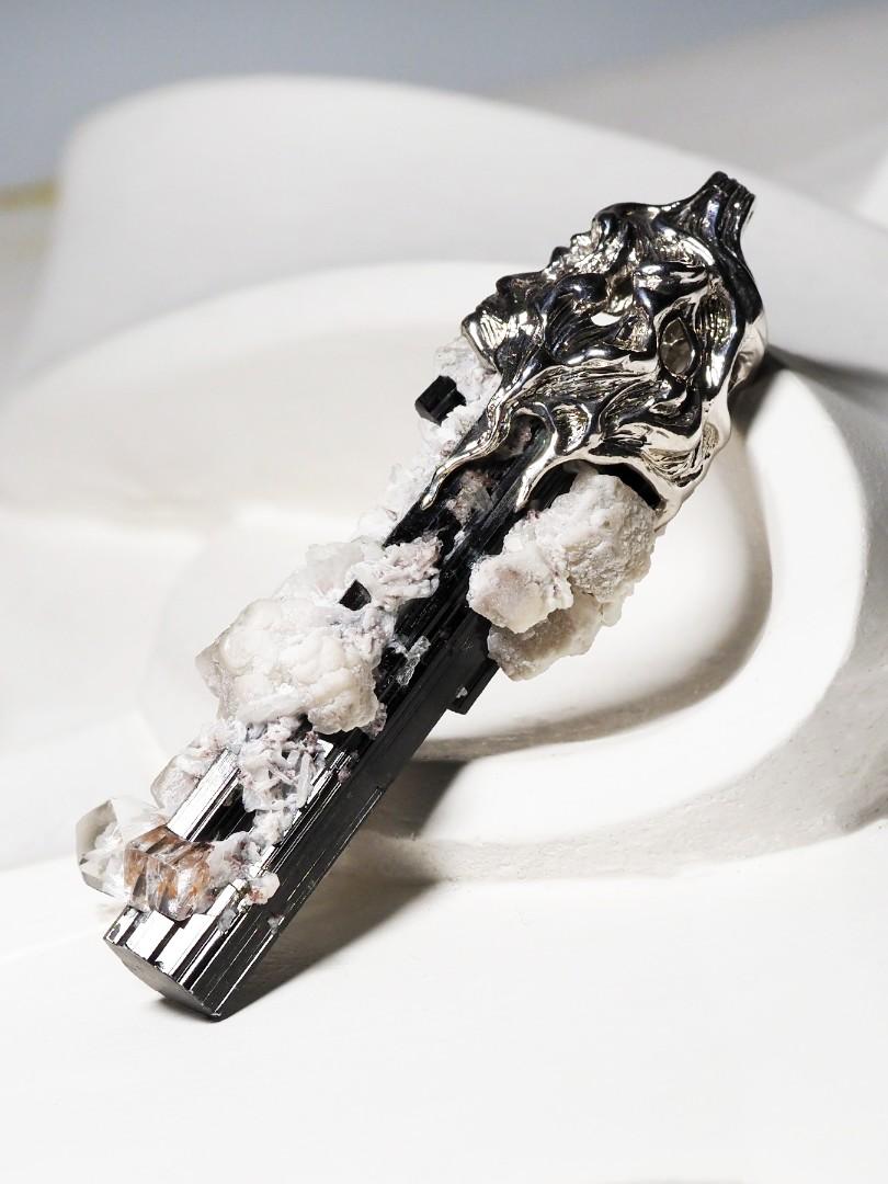 Schorl Black Tourmaline Crystal Silver Unisex Pendant For Sale 8