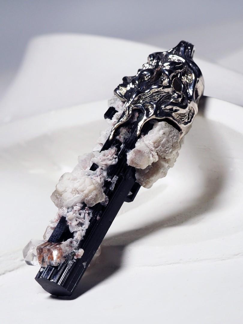 Schorl Black Tourmaline Crystal Silver Unisex Pendant For Sale 2