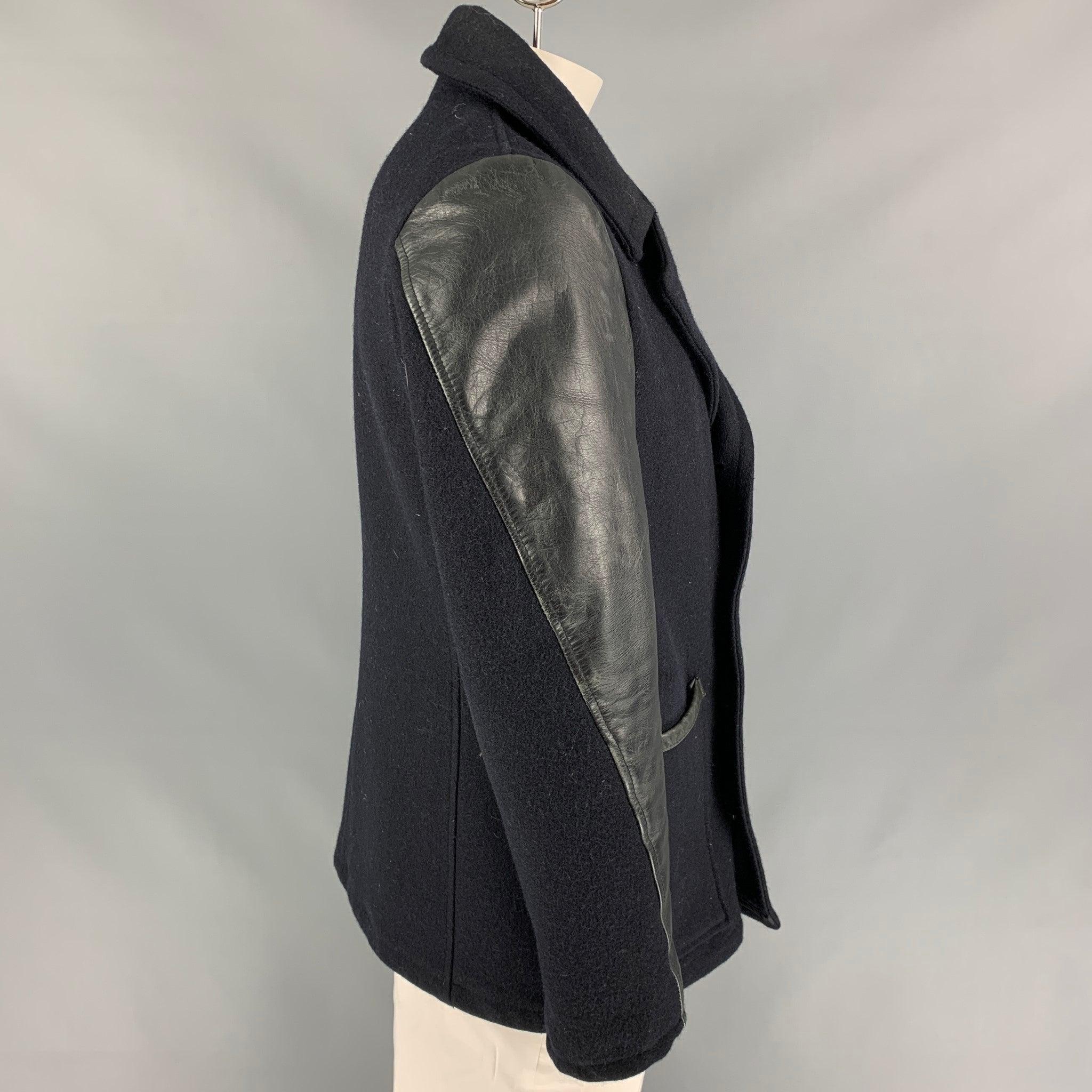SCHOTT Size L Black Mixed Fabrics Double Breasted Peacoat In Good Condition For Sale In San Francisco, CA