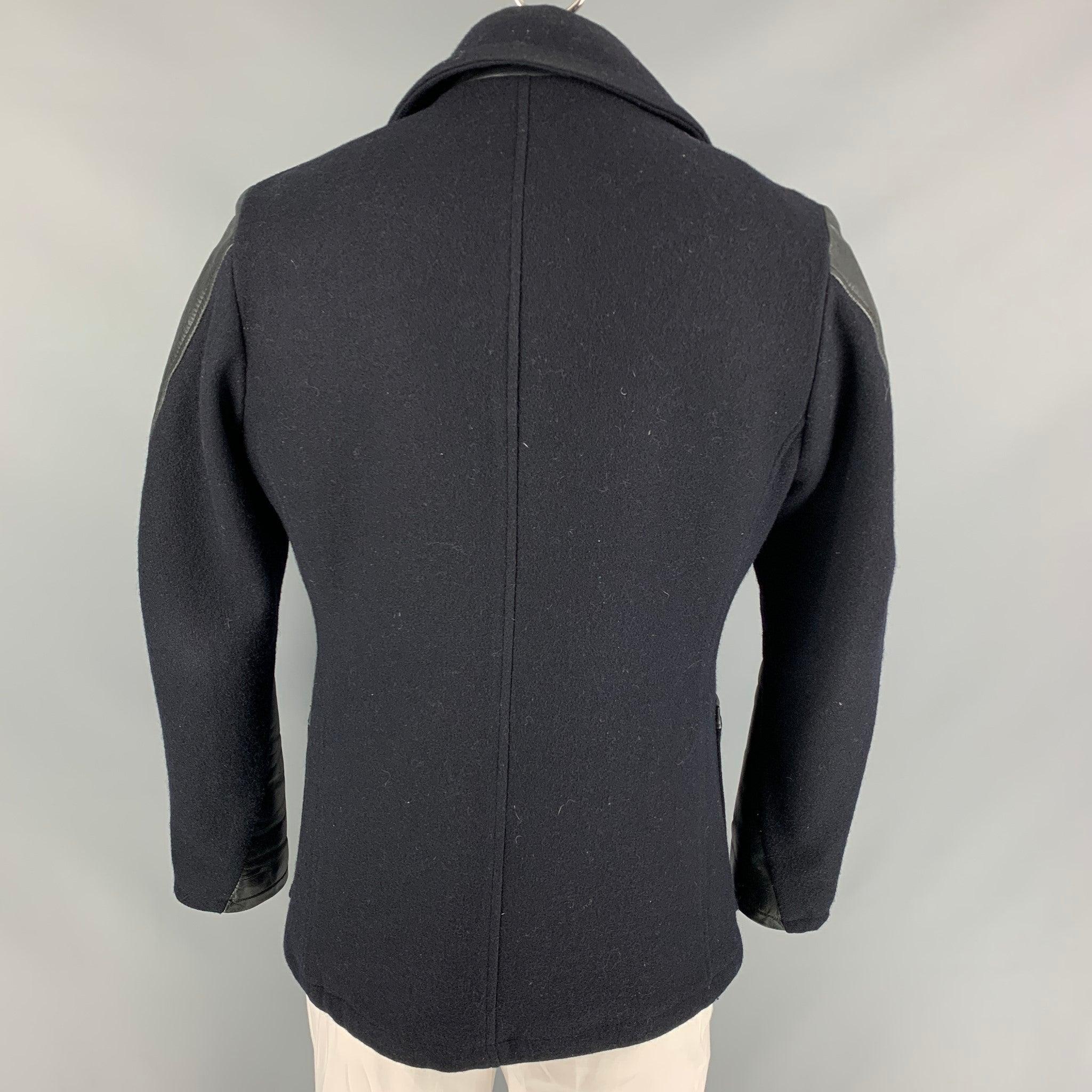 Men's SCHOTT Size L Black Mixed Fabrics Double Breasted Peacoat For Sale