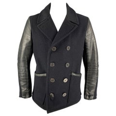 SCHOTT Size L Black Mixed Fabrics Double Breasted Peacoat