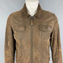 SCHOTT Size L Brown Distressed Leather Trucker Jacket