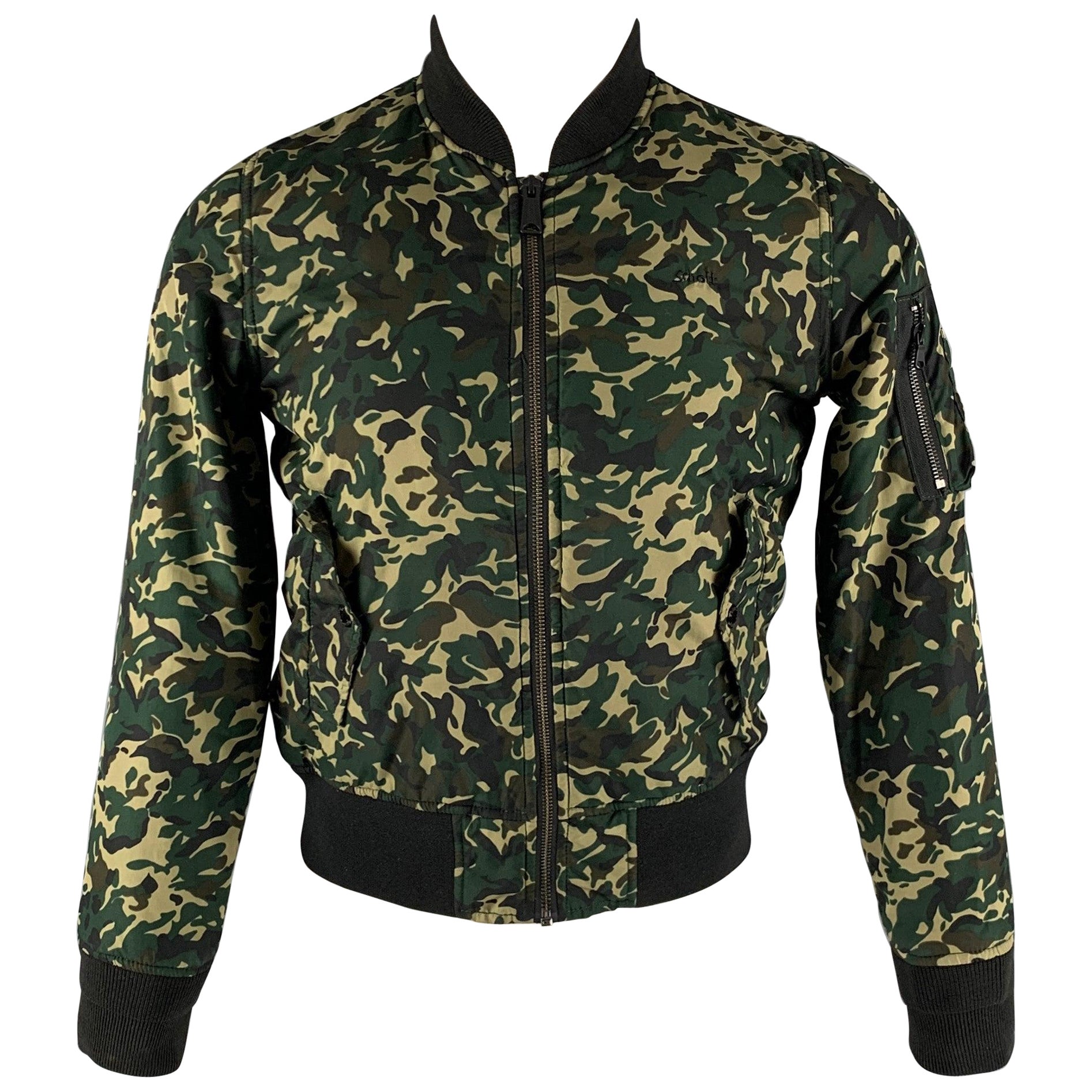 SCHOTT Größe M Grüne Camo Polyester-Bomberjacke