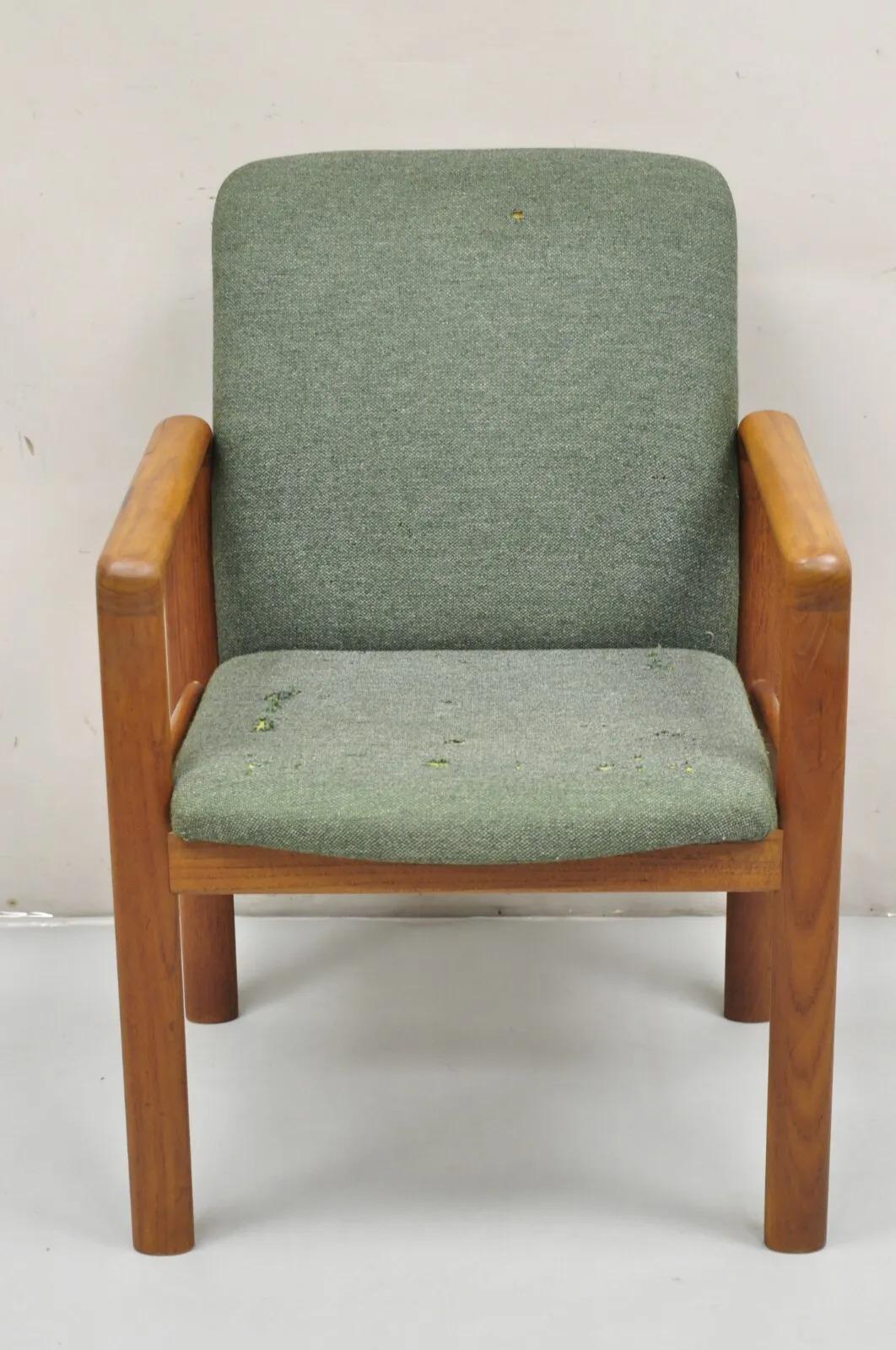 Schou Andersen Mobelfabrik Teak Wood Mid Century Danish Modern Arm Chair. Item featured has a solid wood frame, beautiful wood grain, original label, clean modernist lines, quality Danish craftsmanship, great style and form. Circa Mid 20th Century.