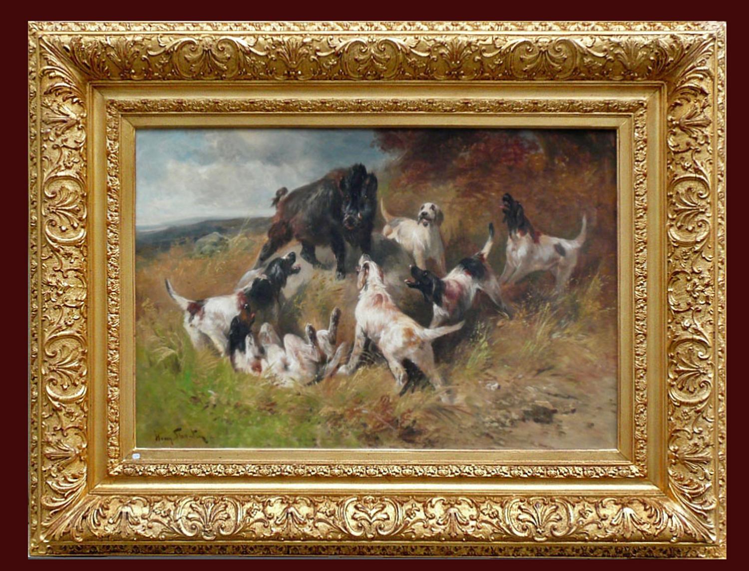 SCHOUTEN Henri (1864-1927) Animal Painting - Hunting scene with Boar