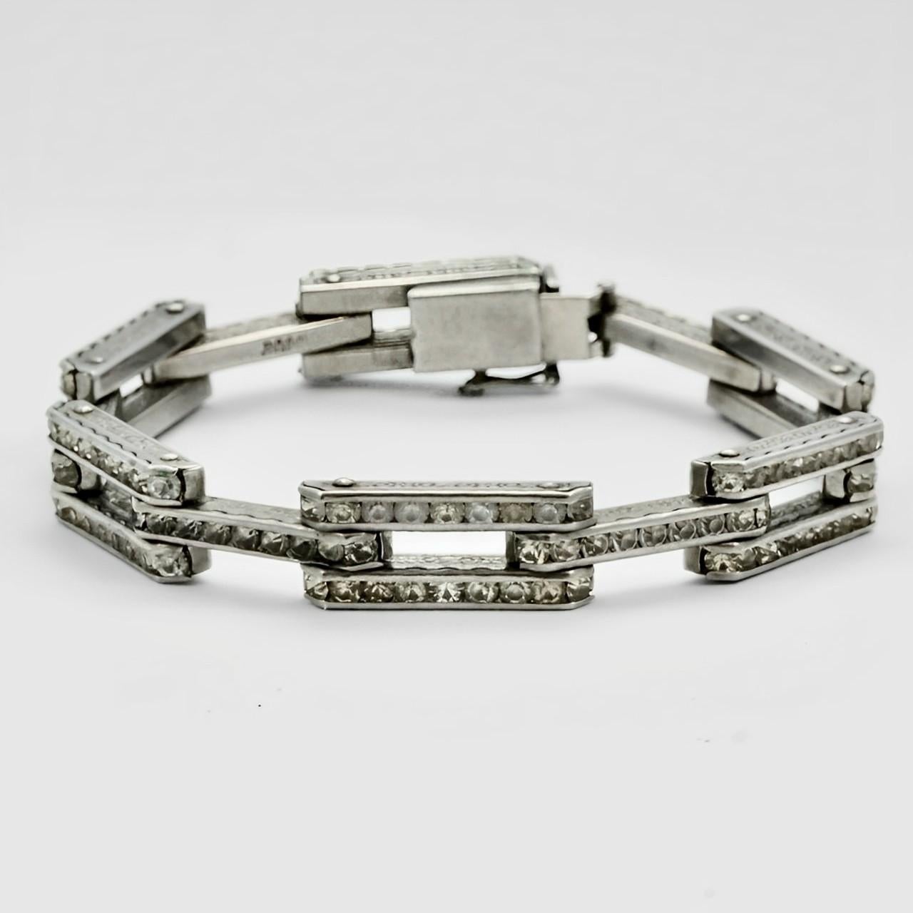 Schreiber & Hiller Art Deco DRGM Silver Tone Rhinestone Link Necklace Bracelet In Good Condition For Sale In London, GB