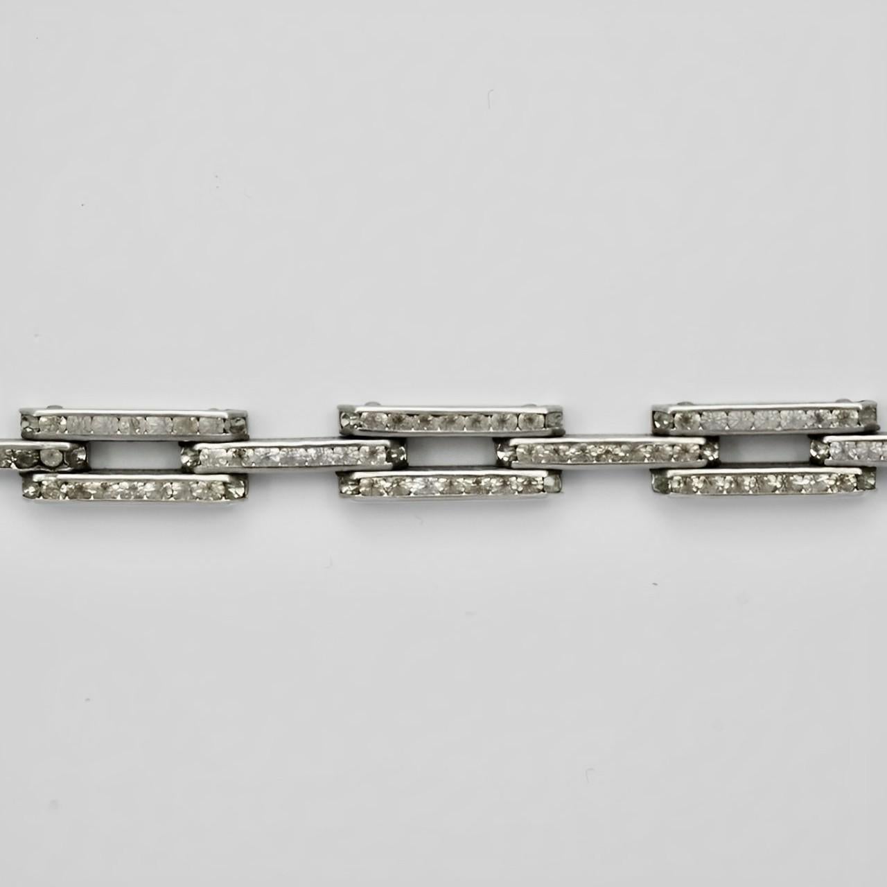 Women's or Men's Schreiber & Hiller Art Deco DRGM Silver Tone Rhinestone Link Necklace Bracelet For Sale