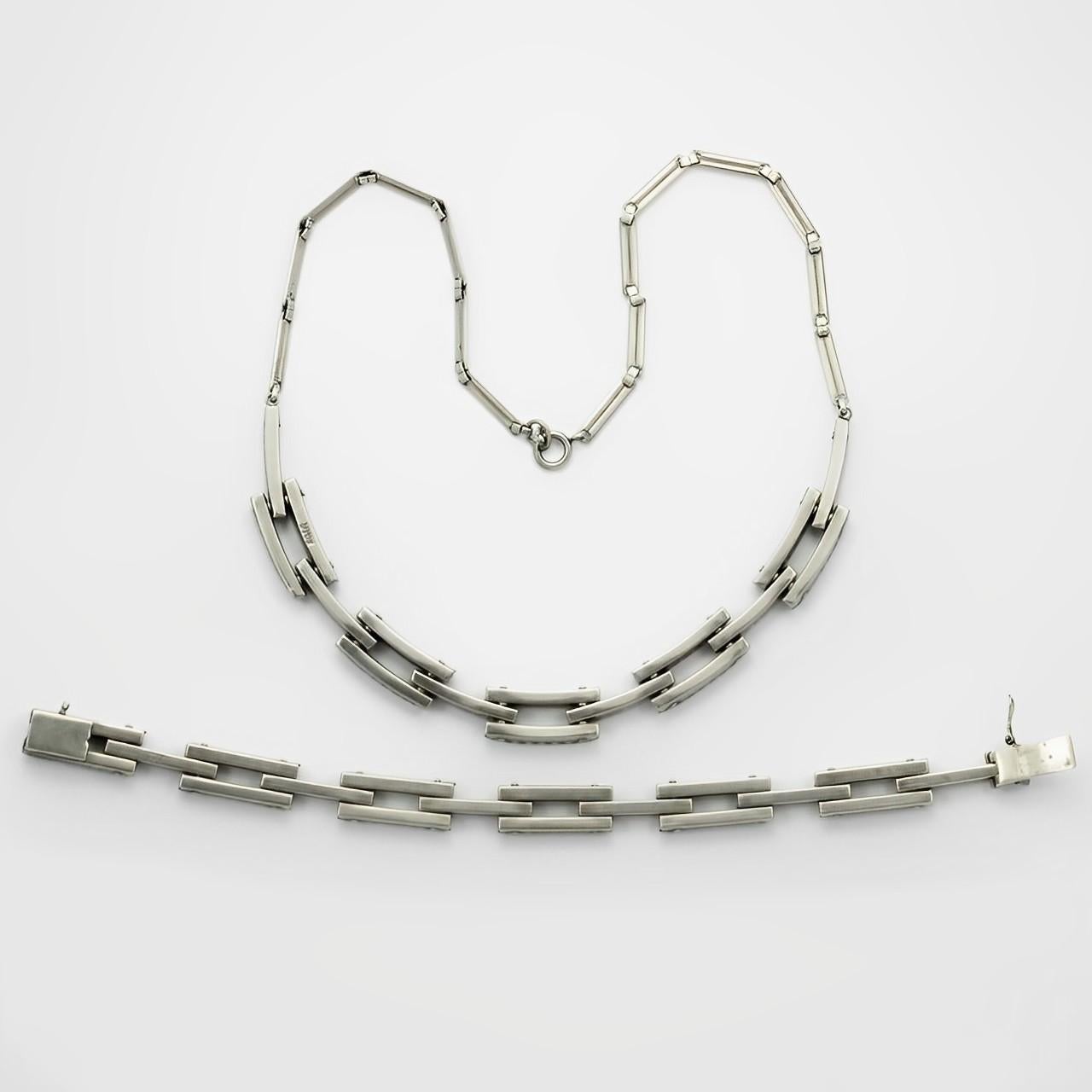 Schreiber & Hiller Art Deco DRGM Silver Tone Rhinestone Link Necklace Bracelet For Sale 2