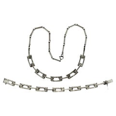 Vintage Schreiber & Hiller Art Deco DRGM Silver Tone Rhinestone Link Necklace Bracelet