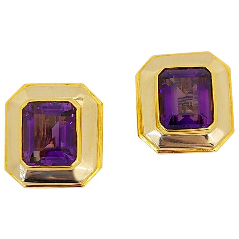 Schreiner 18KT Yellow and White Gold Contemporary Amethyst 16.00 Carat Earrings For Sale