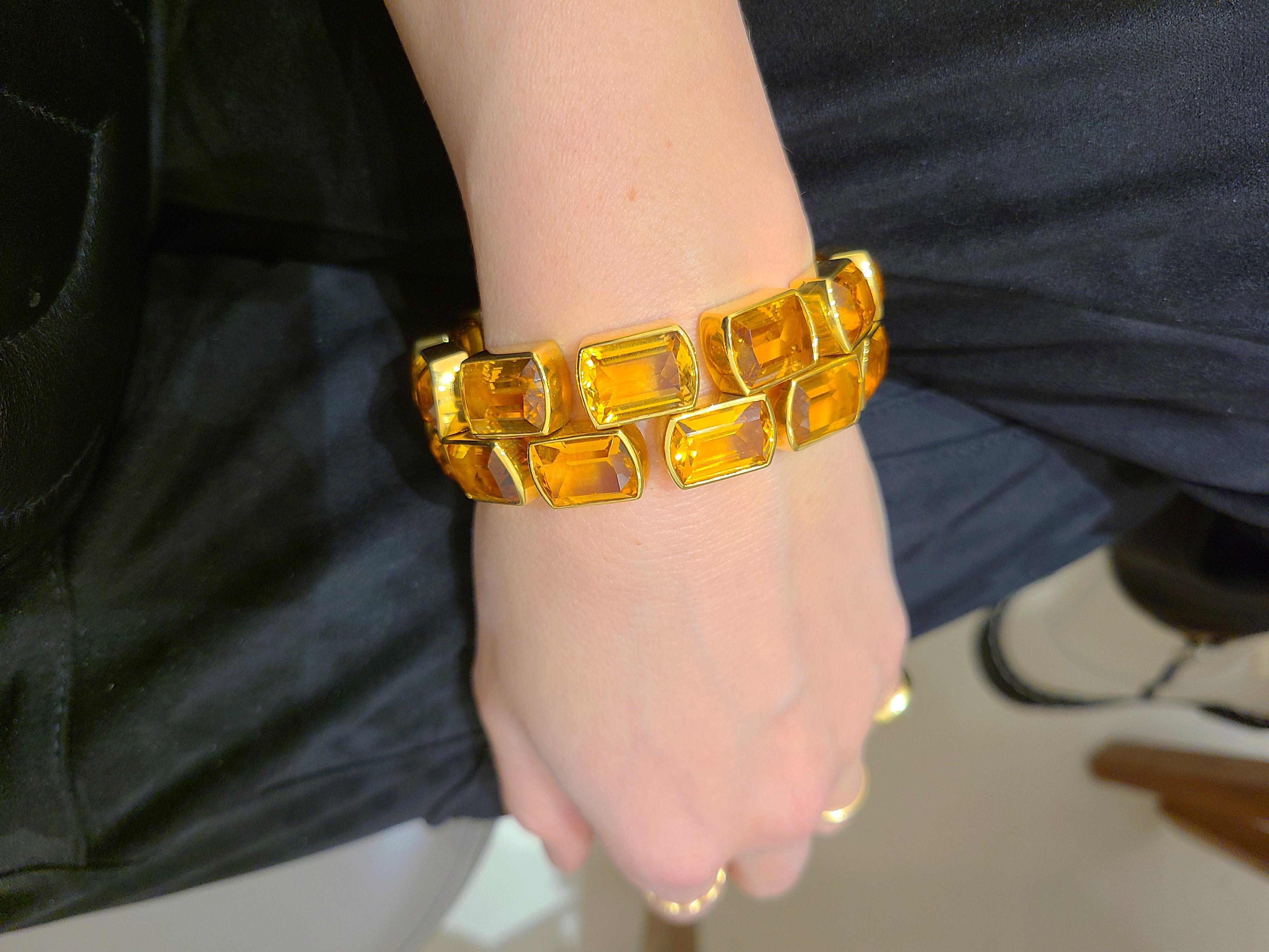 Schreiner 18 Karat Gelbgold Zweireihiges Citrin-Armband mit Smaragdschliff 137,00 Karat für Damen oder Herren im Angebot