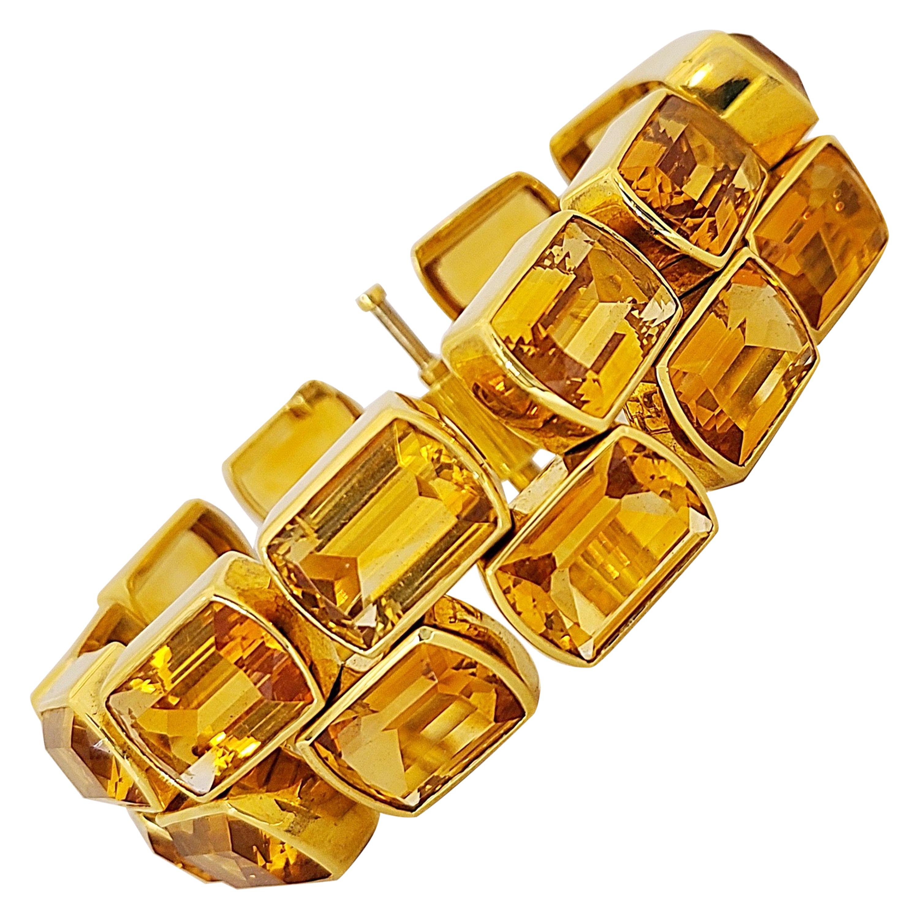 Schreiner 18 Karat Yellow Gold Two-Row Emerald Cut 137.00 Carat Citrine Bracelet
