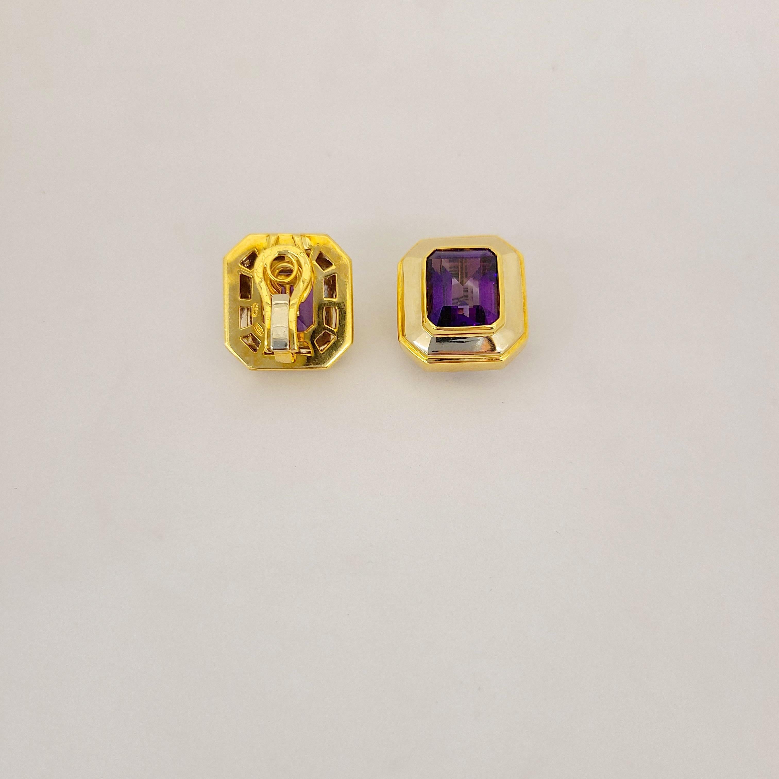 Emerald Cut Schreiner 18KT Yellow and White Gold Contemporary Amethyst 16.00 Carat Earrings For Sale